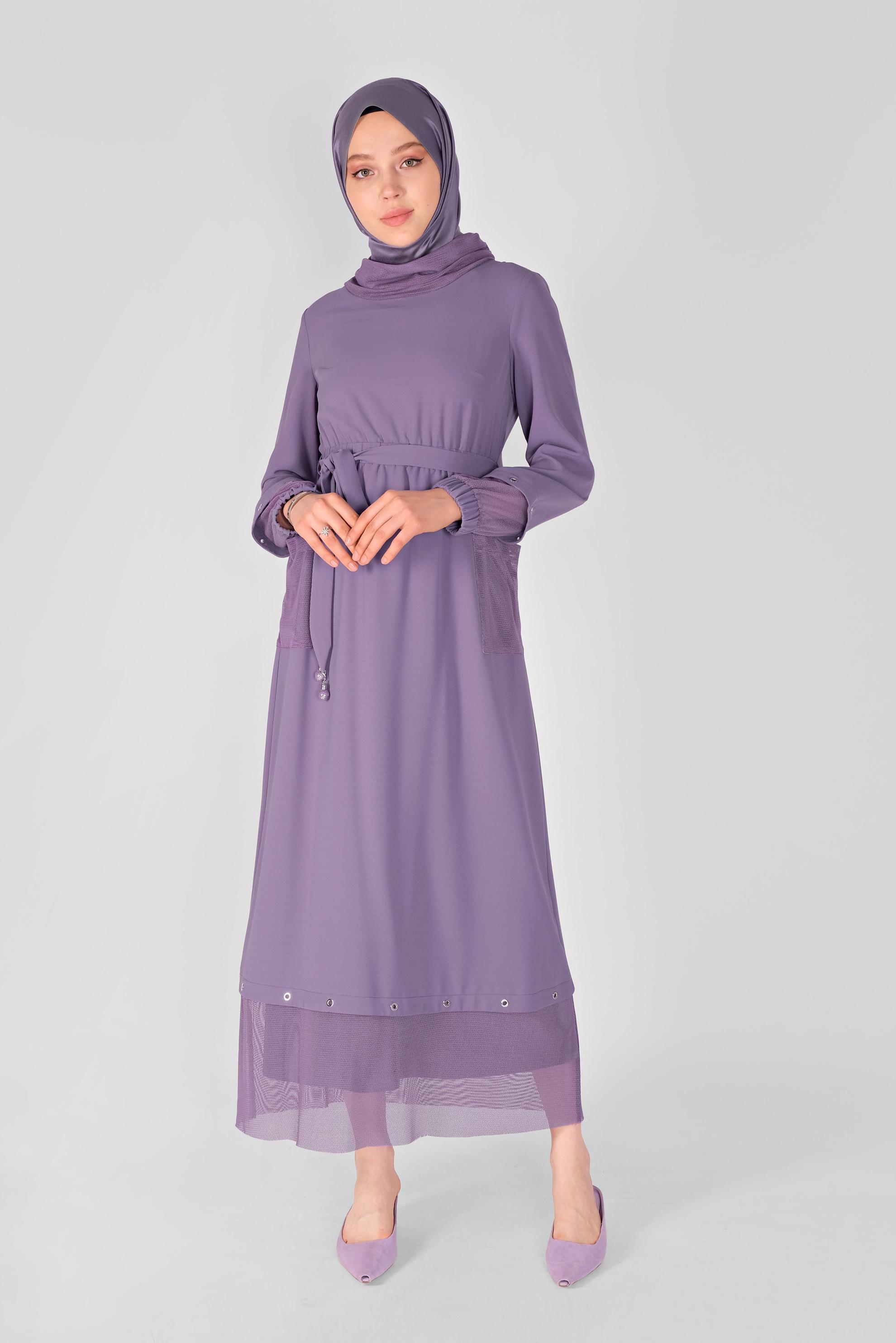 Tesettür giyim MOR FİLE DETAYLI ELBİSE 41429