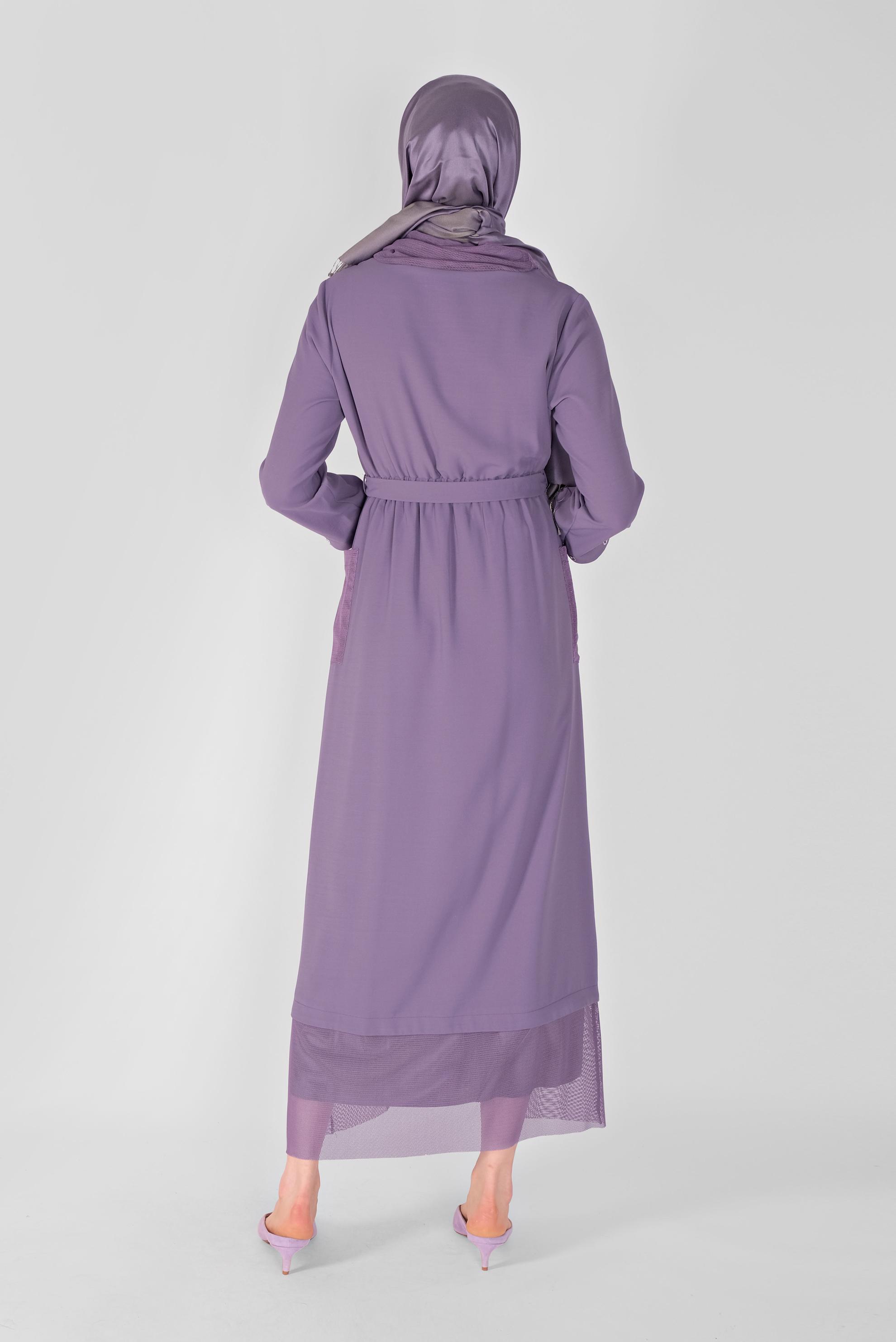 Tesettür giyim MOR FİLE DETAYLI ELBİSE 41429