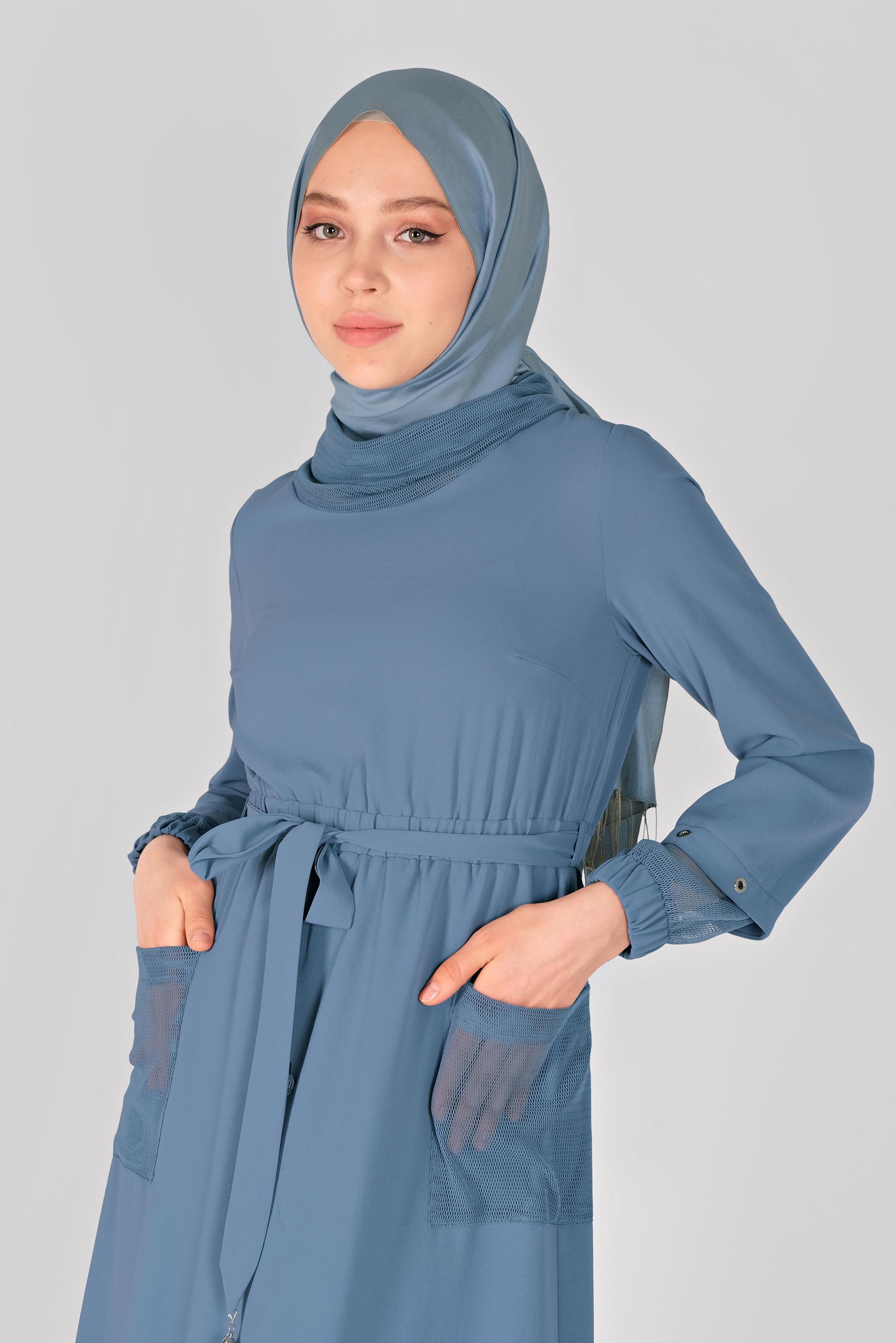 Tesettür giyim MAVİ FİLE DETAYLI ELBİSE 41429