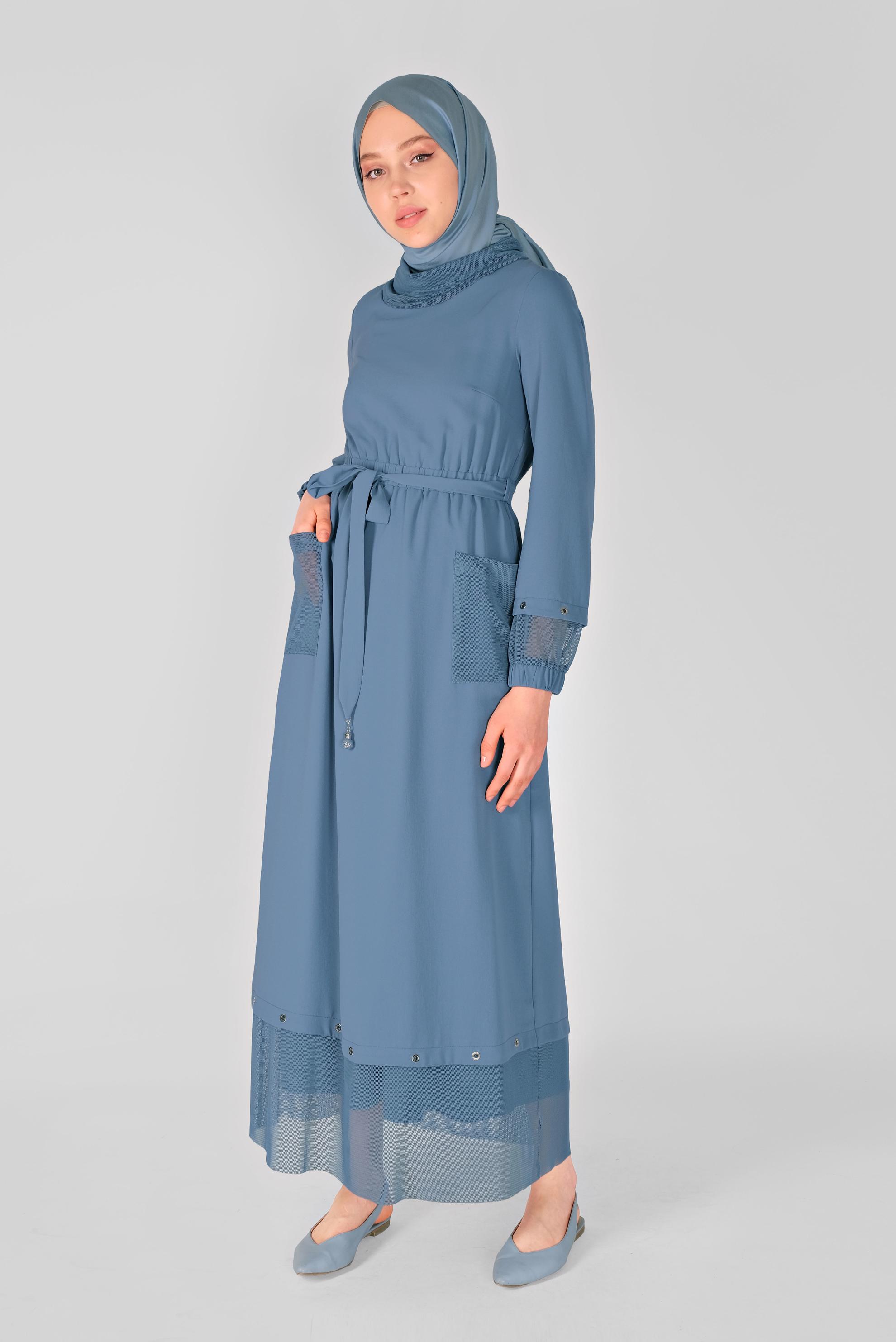 Tesettür giyim MAVİ FİLE DETAYLI ELBİSE 41429