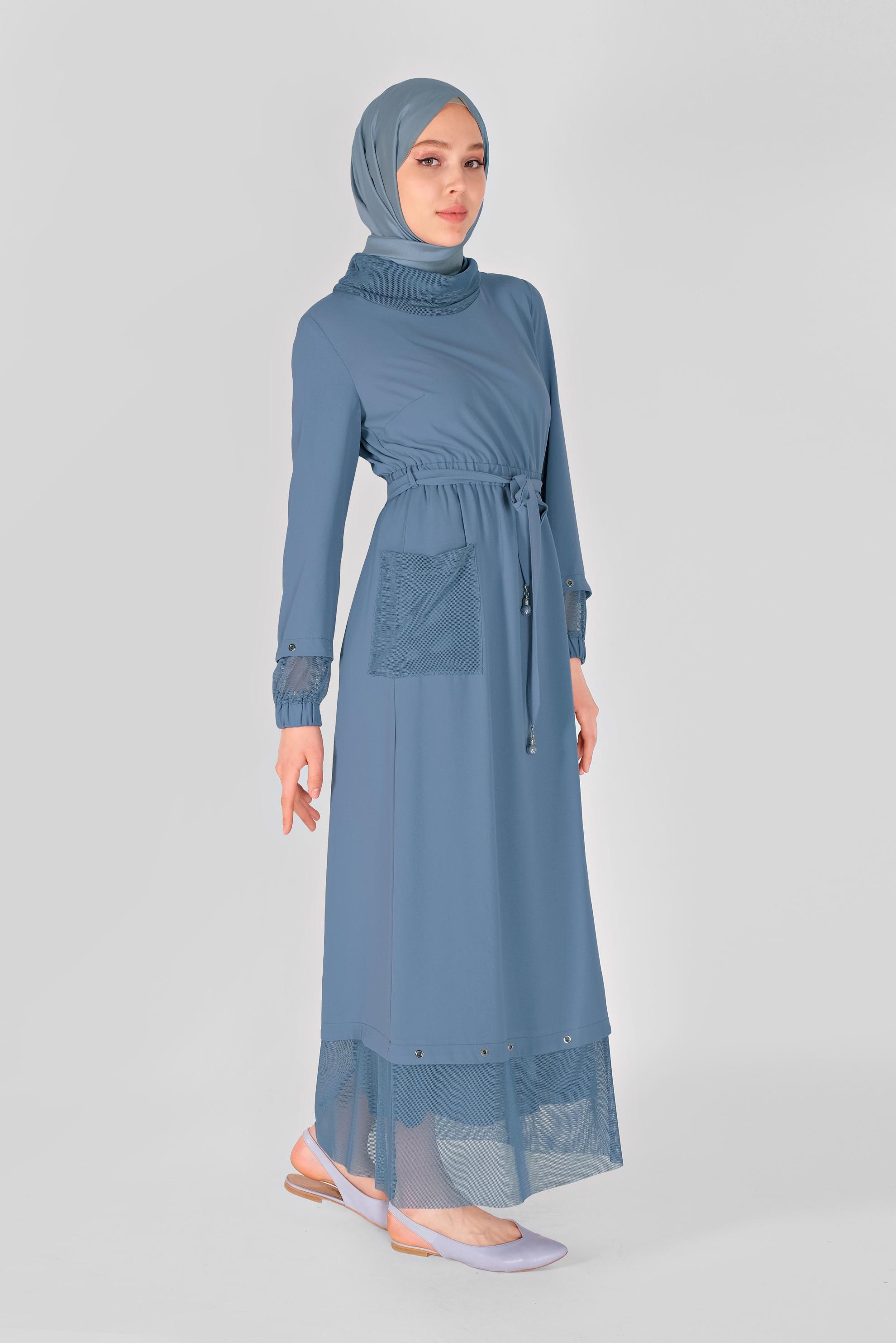 Tesettür giyim MAVİ FİLE DETAYLI ELBİSE 41429