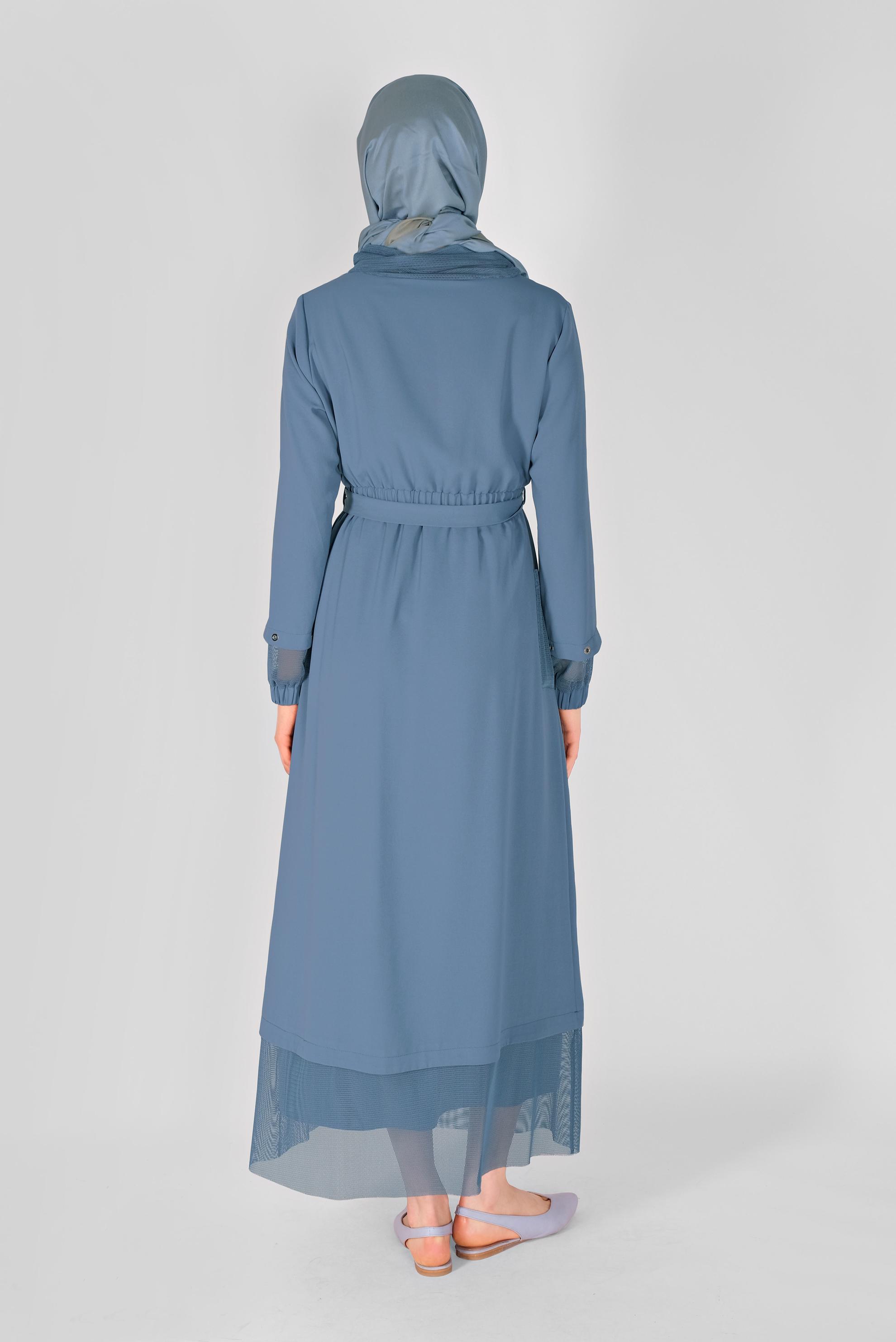 Tesettür giyim MAVİ FİLE DETAYLI ELBİSE 41429