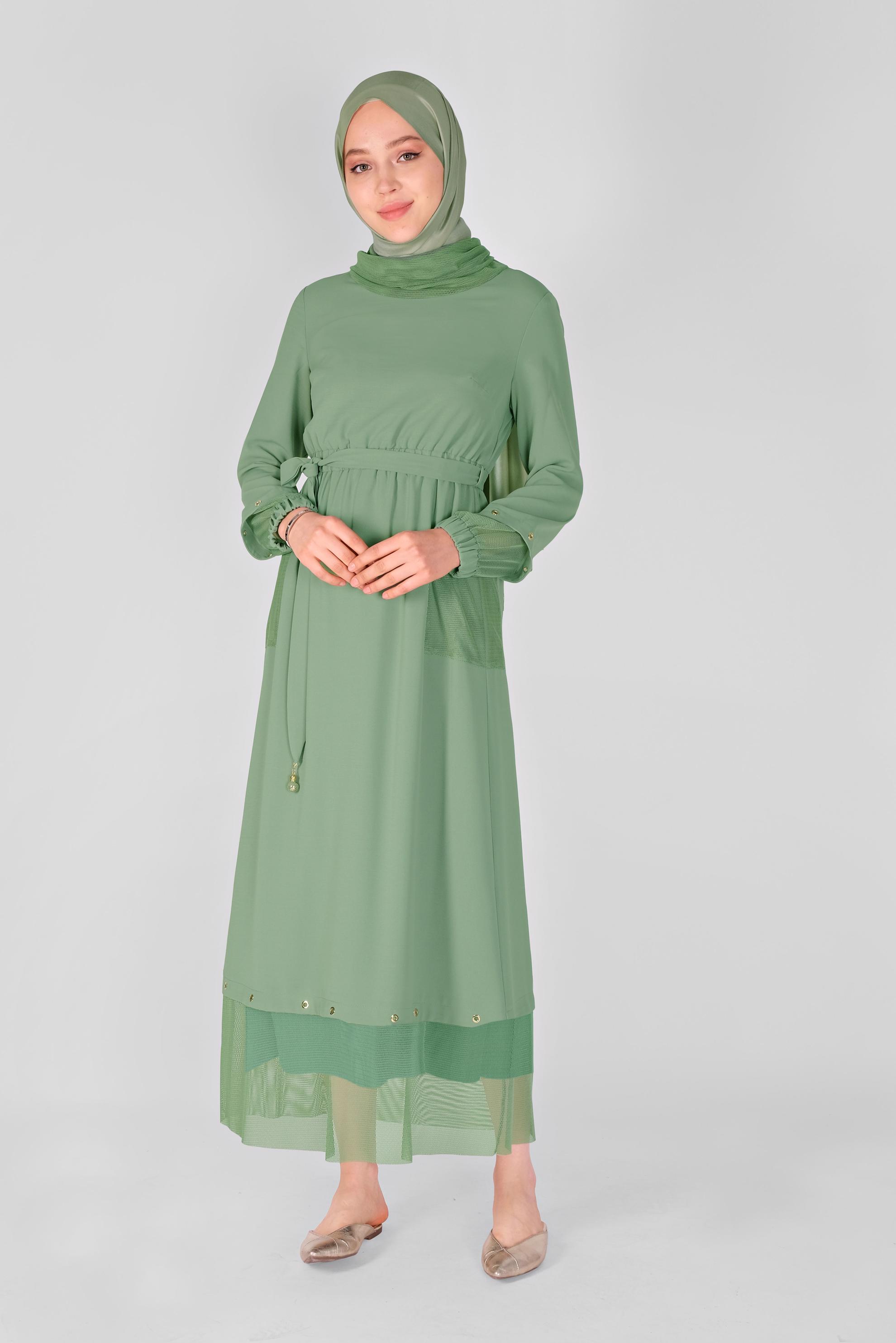 Tesettür giyim YEŞİL FİLE DETAYLI ELBİSE 41429