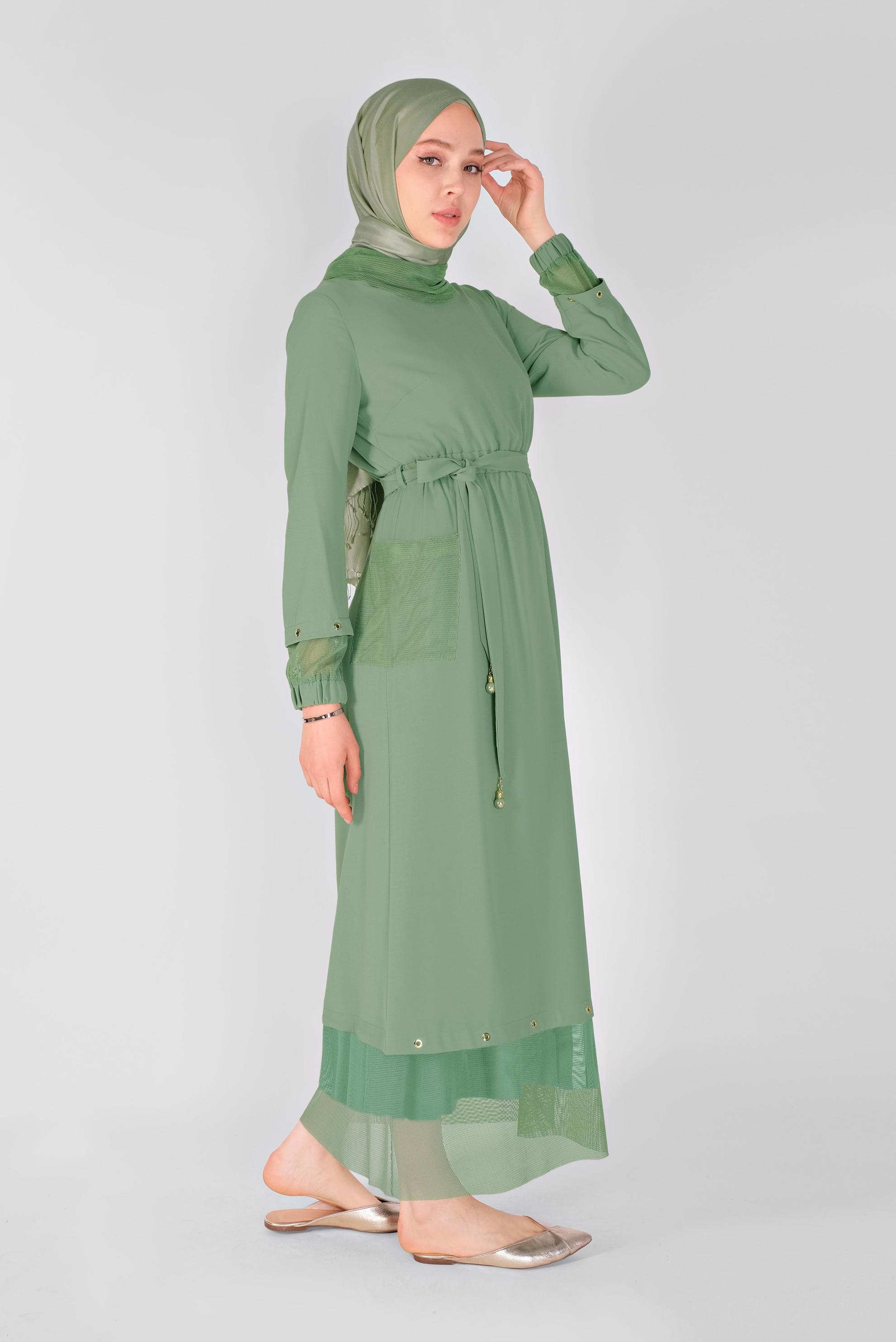 Tesettür giyim YEŞİL FİLE DETAYLI ELBİSE 41429