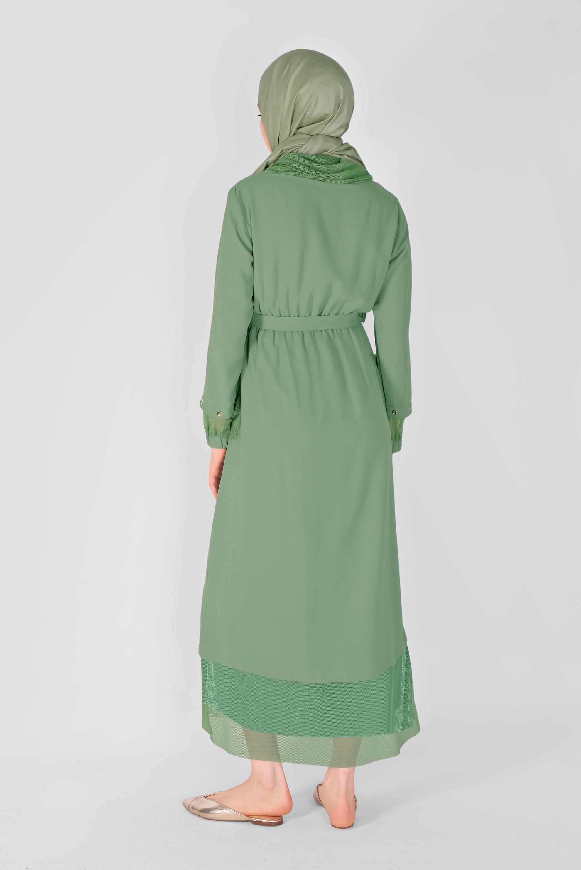 Tesettür giyim YEŞİL FİLE DETAYLI ELBİSE 41429