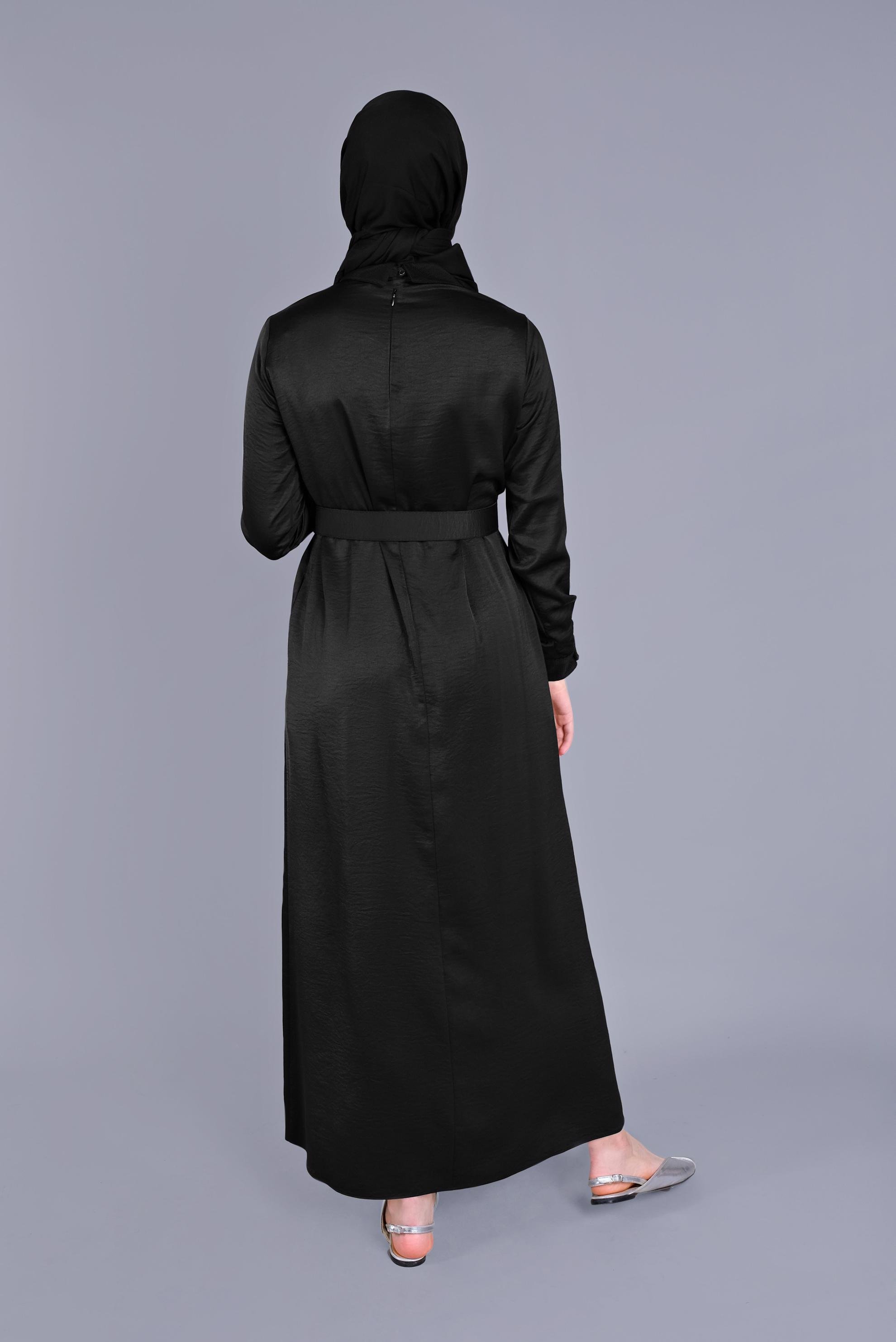 Tesettür giyim SİYAH TAŞ DETAYLI FİLELİ KEMERLİ ELBİSE 41430 