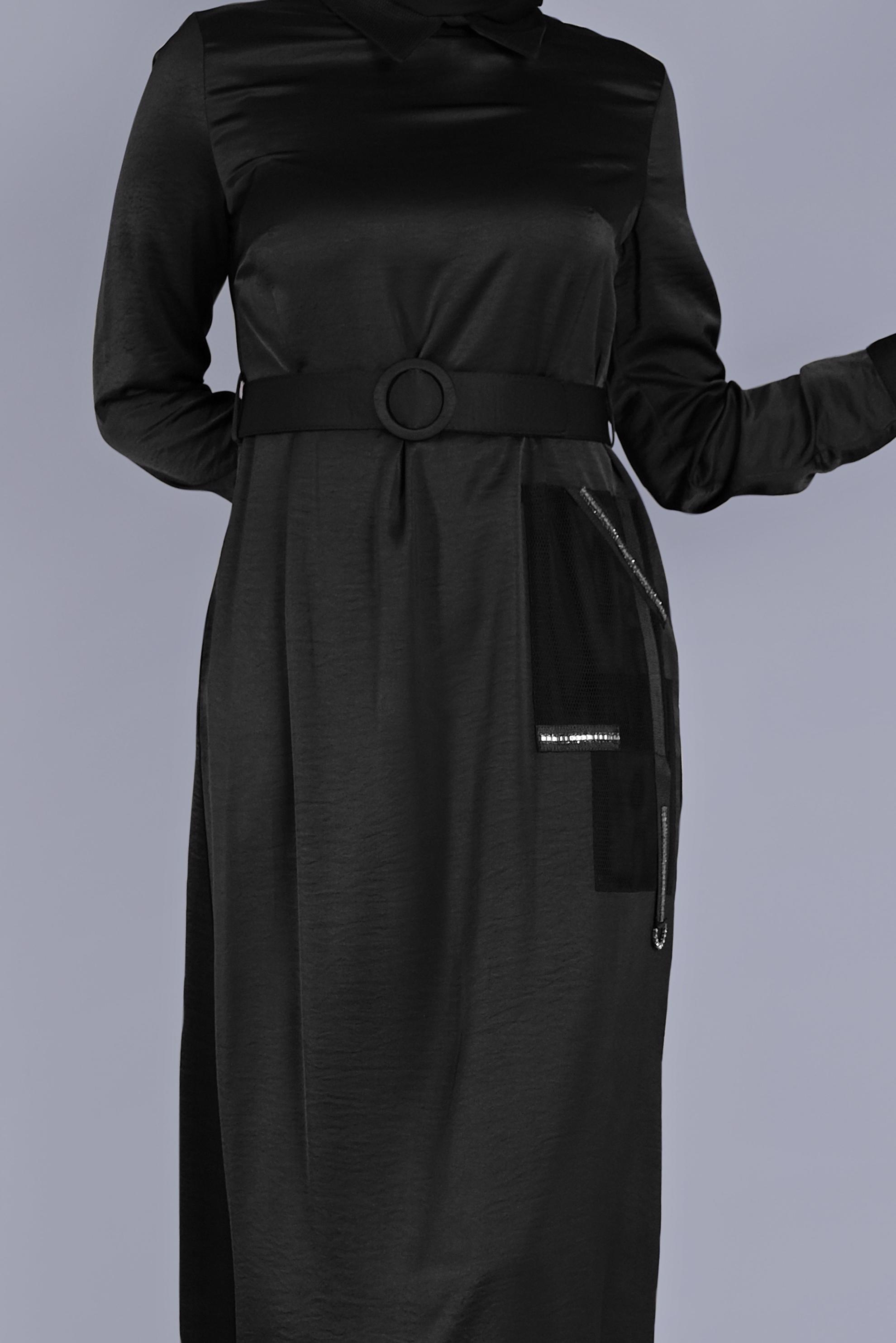 Tesettür giyim SİYAH TAŞ DETAYLI FİLELİ KEMERLİ ELBİSE 41430 