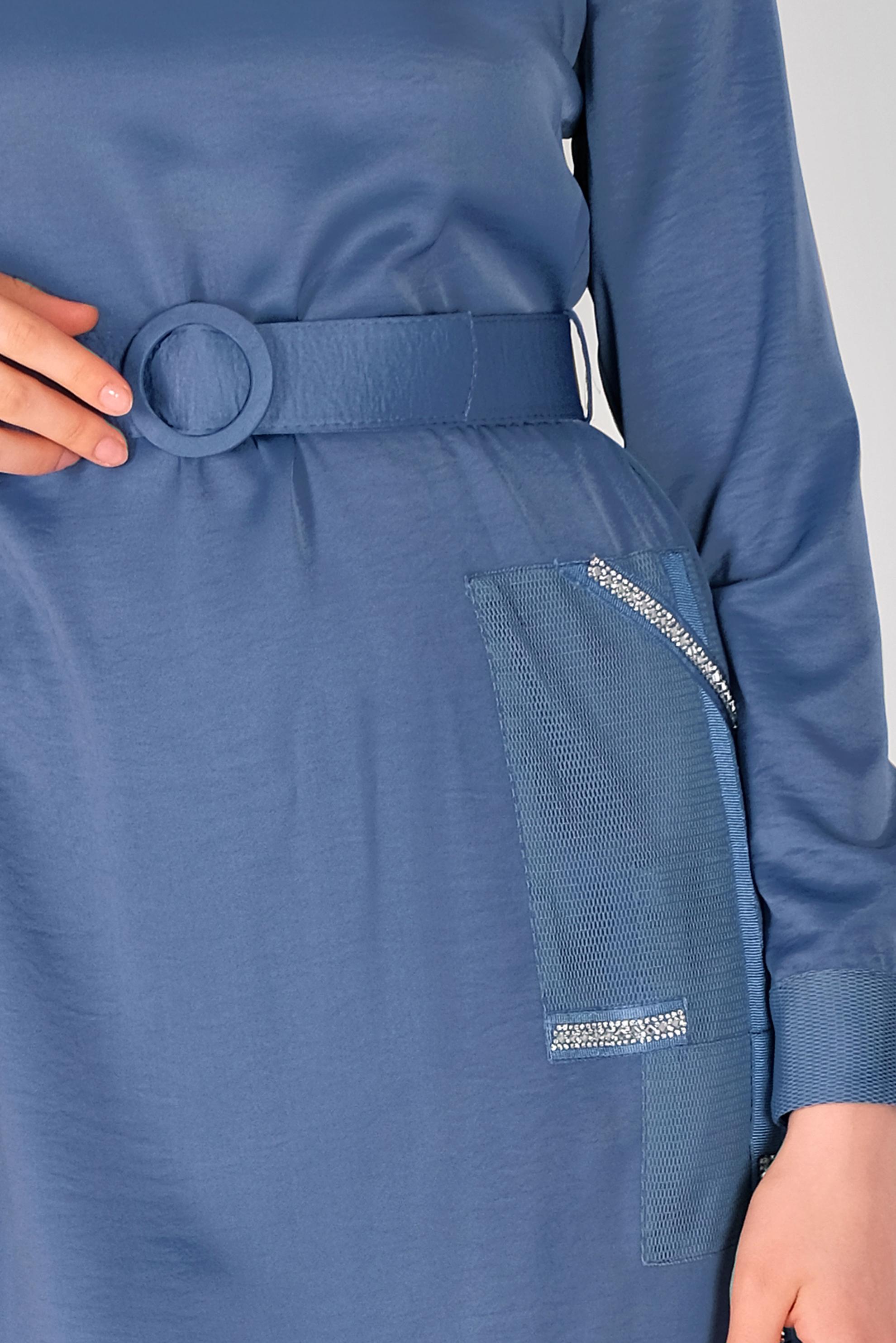 Tesettür giyim MAVİ TAŞ DETAYLI FİLELİ KEMERLİ ELBİSE 41430 