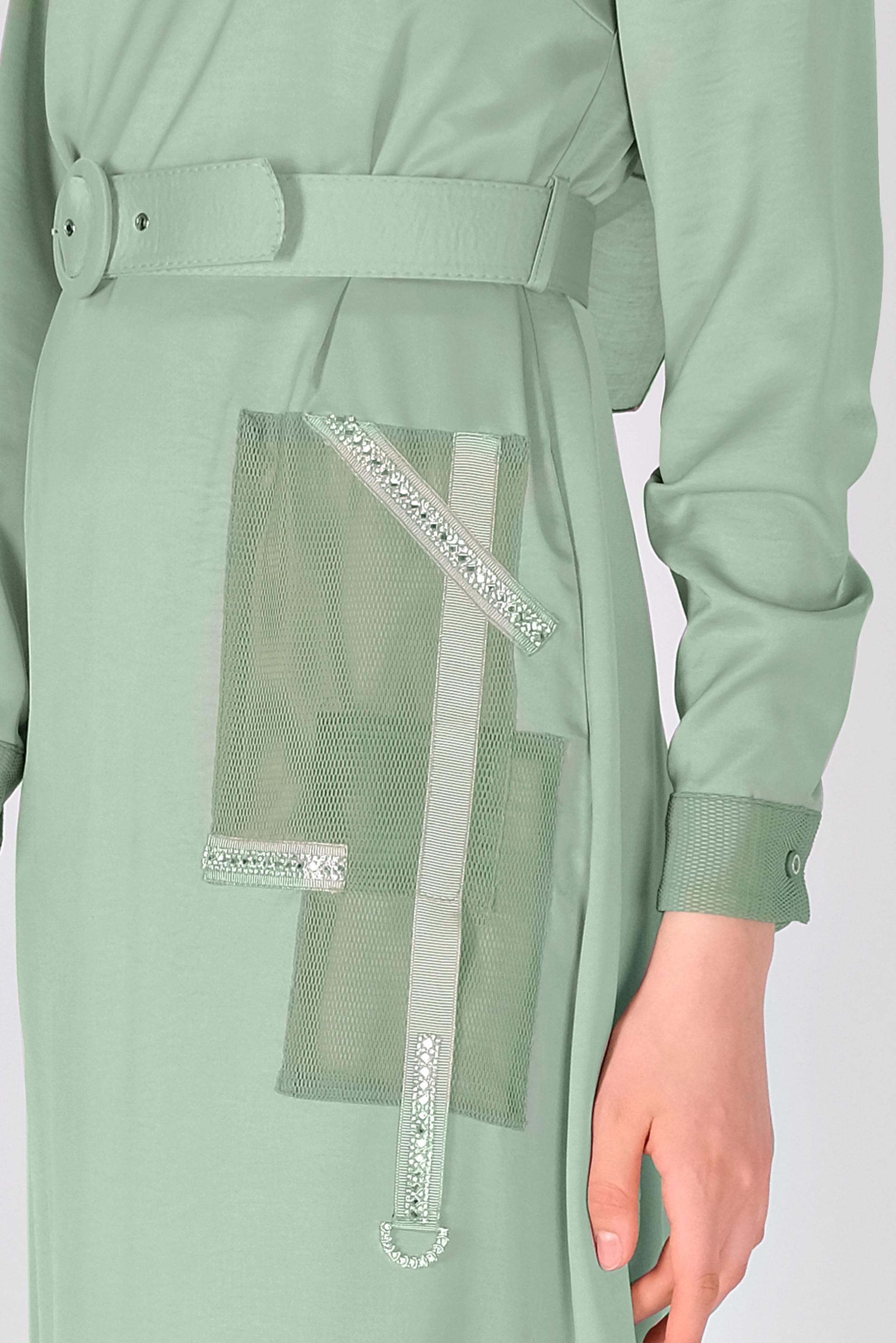 Tesettür giyim YEŞİL TAŞ DETAYLI FİLELİ KEMERLİ ELBİSE 41430 