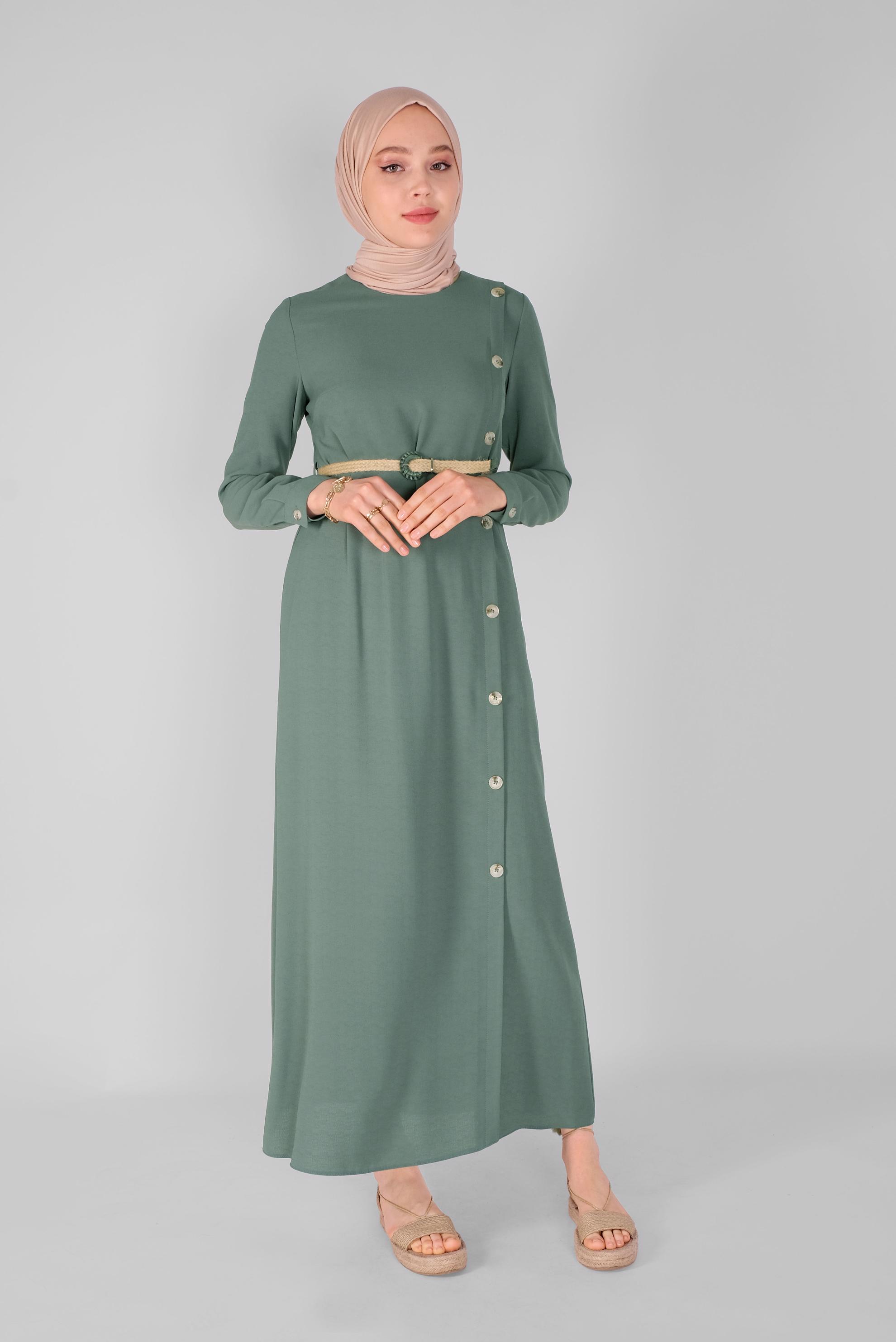 Tesettür giyim YEŞİL YANDAN DÜĞMELİ ELBİSE 41453 