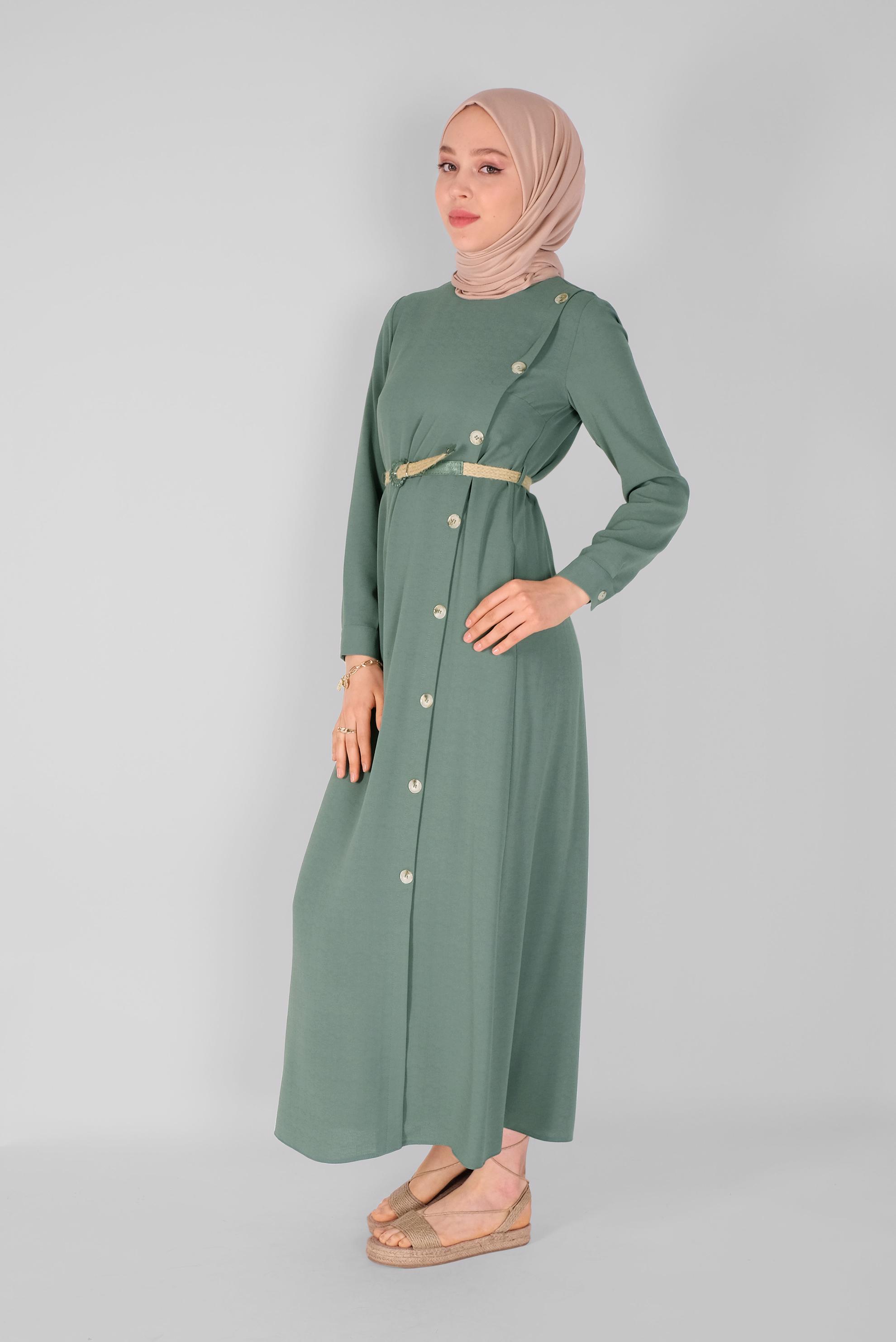 Tesettür giyim YEŞİL YANDAN DÜĞMELİ ELBİSE 41453 