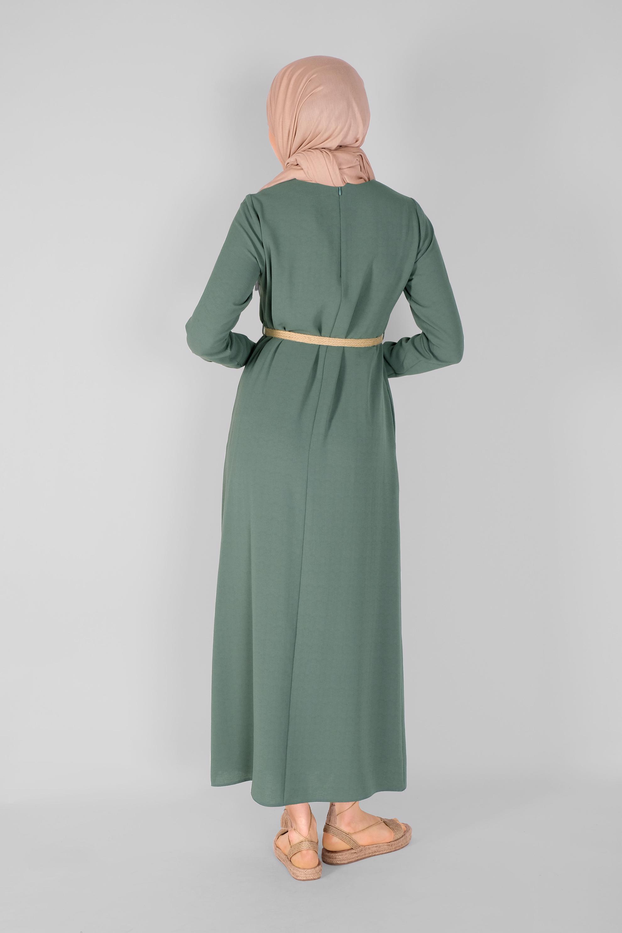 Tesettür giyim YEŞİL YANDAN DÜĞMELİ ELBİSE 41453 