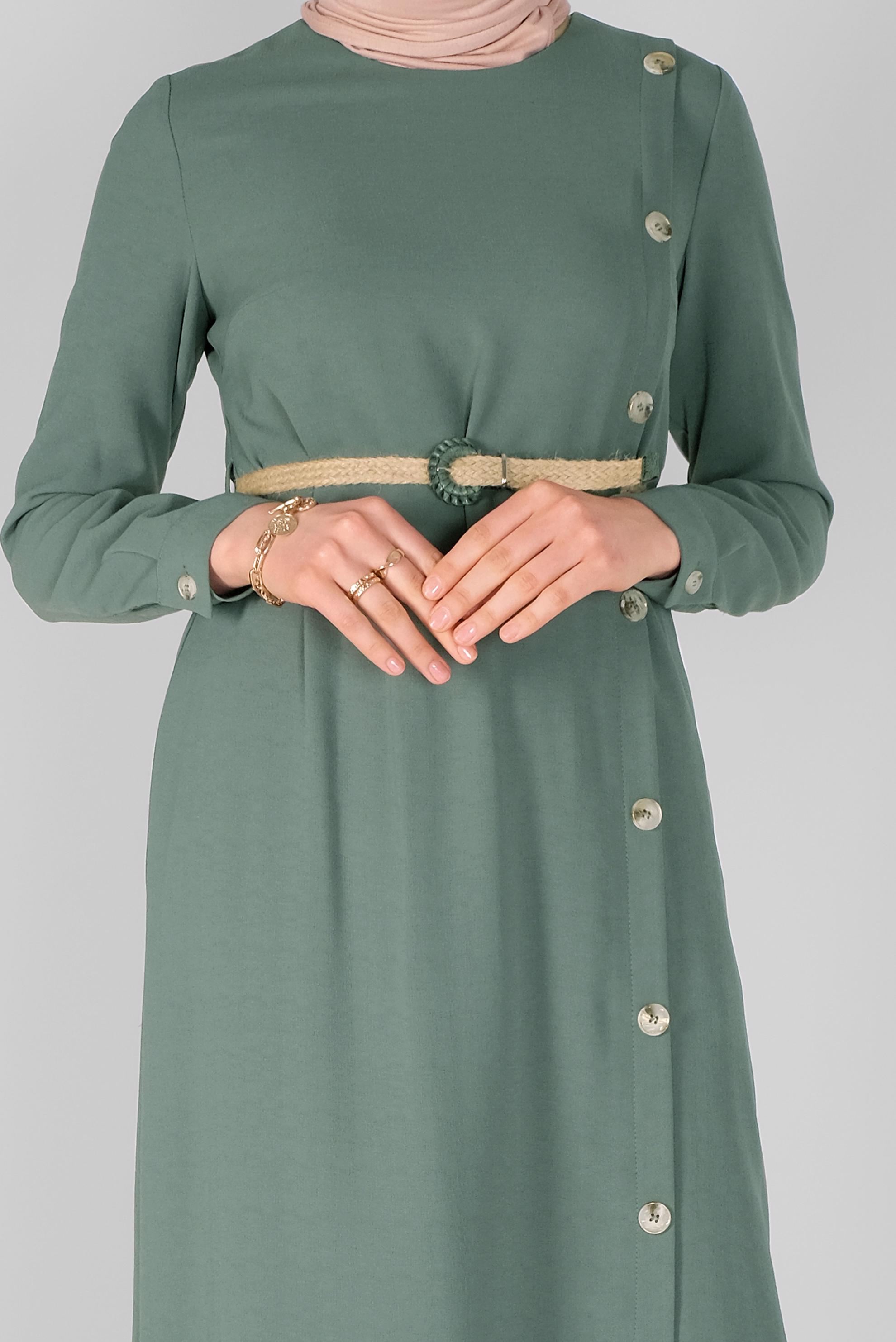 Tesettür giyim YEŞİL YANDAN DÜĞMELİ ELBİSE 41453 