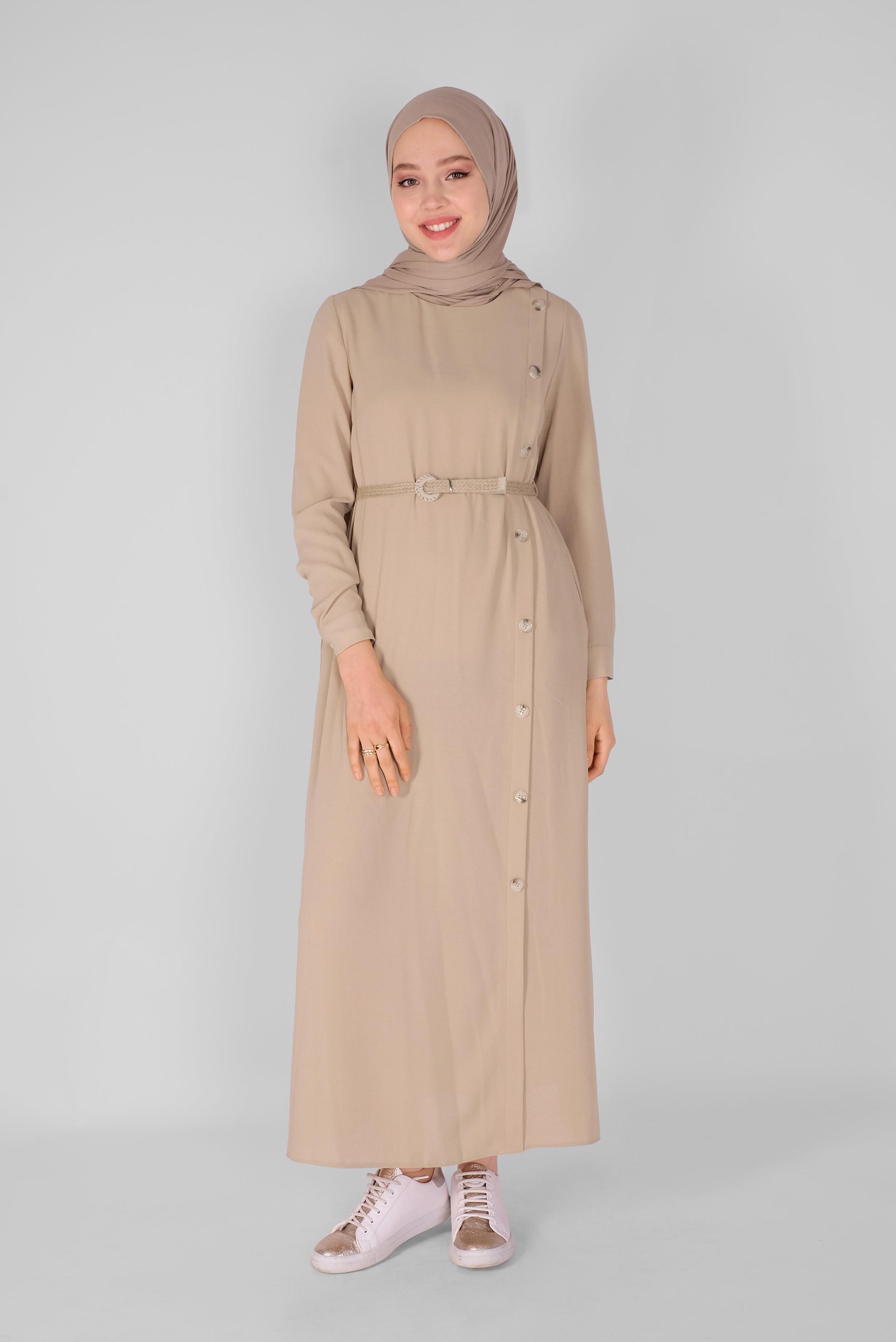 Tesettür giyim BEJ YANDAN DÜĞMELİ ELBİSE 41453 
