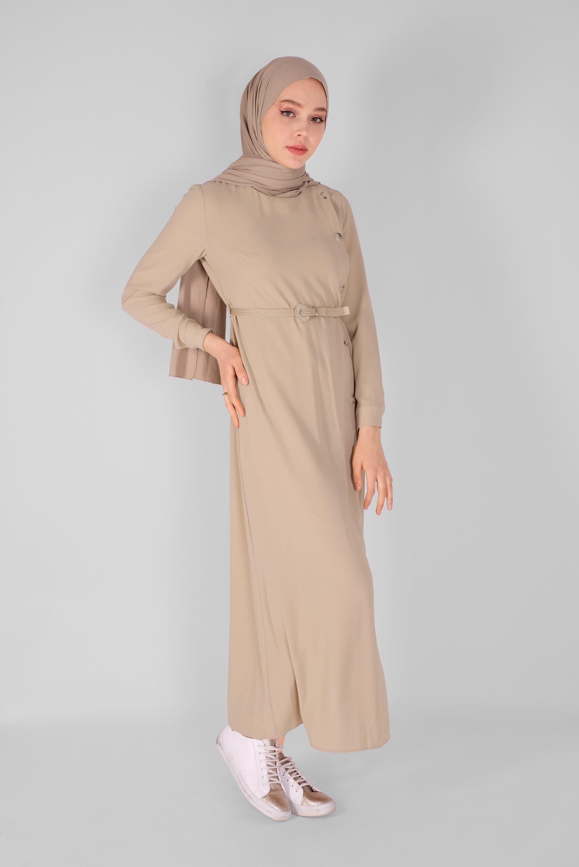 Tesettür giyim BEJ YANDAN DÜĞMELİ ELBİSE 41453 