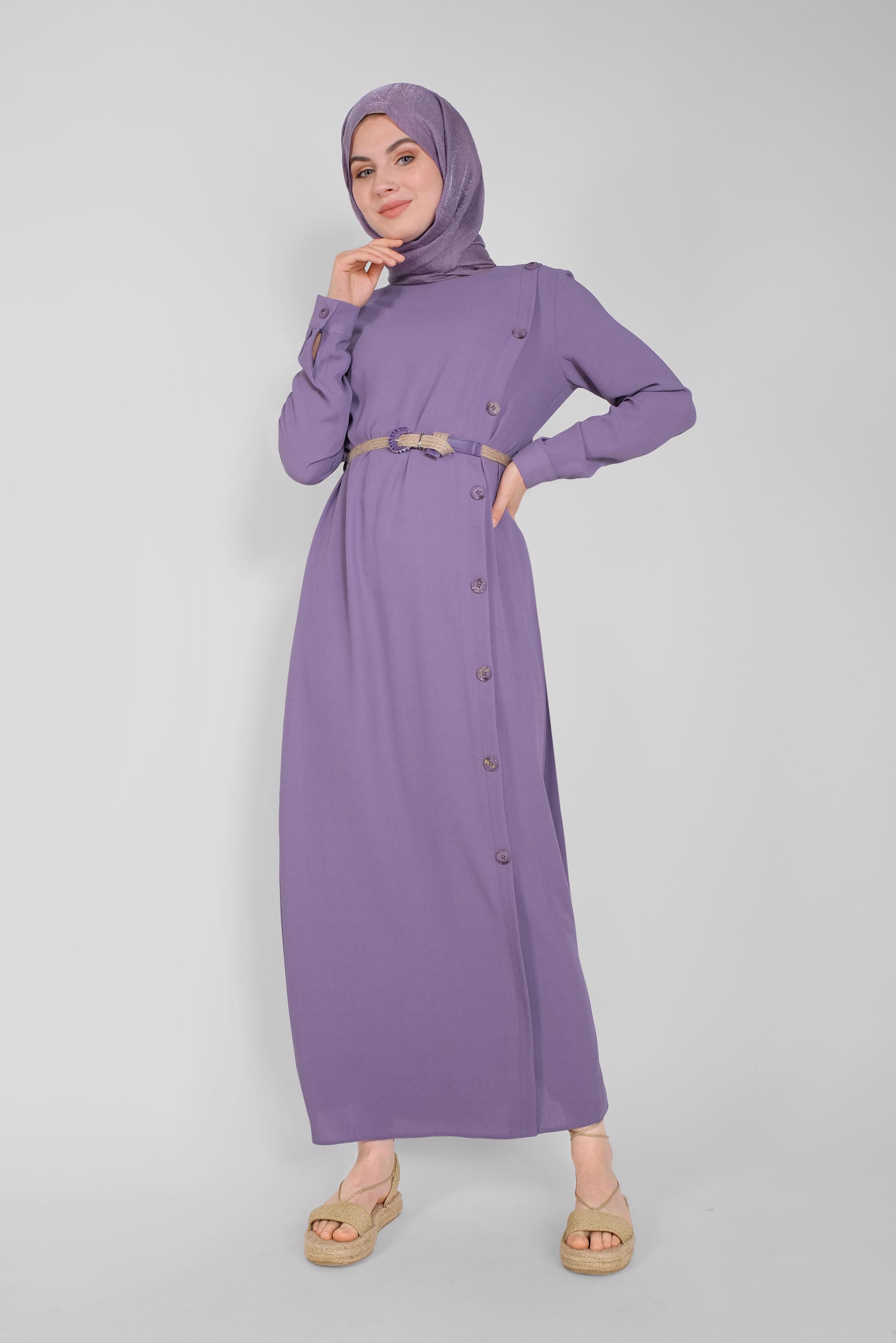 Tesettür giyim MOR YANDAN DÜĞMELİ ELBİSE 41453 