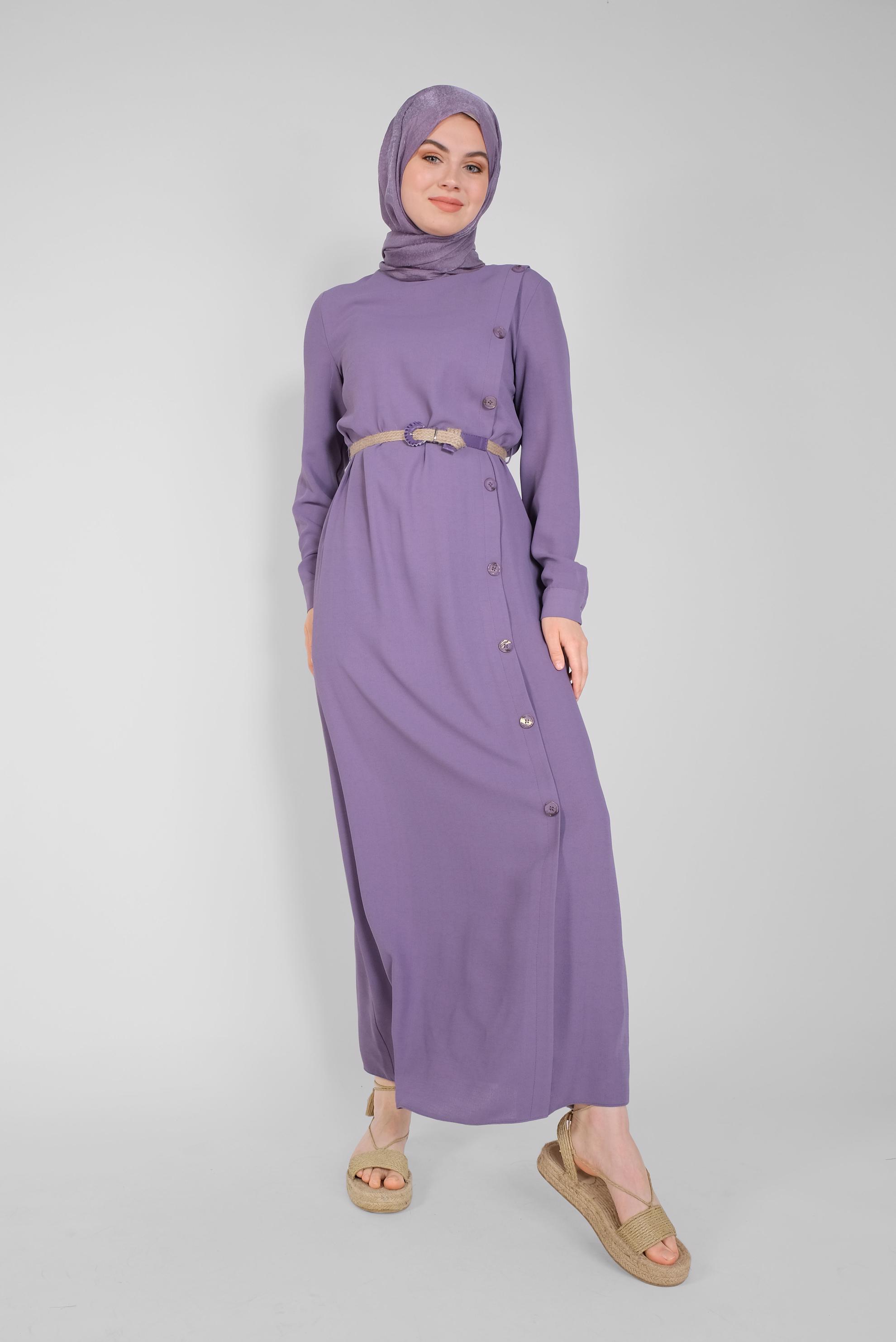 Tesettür giyim MOR YANDAN DÜĞMELİ ELBİSE 41453 