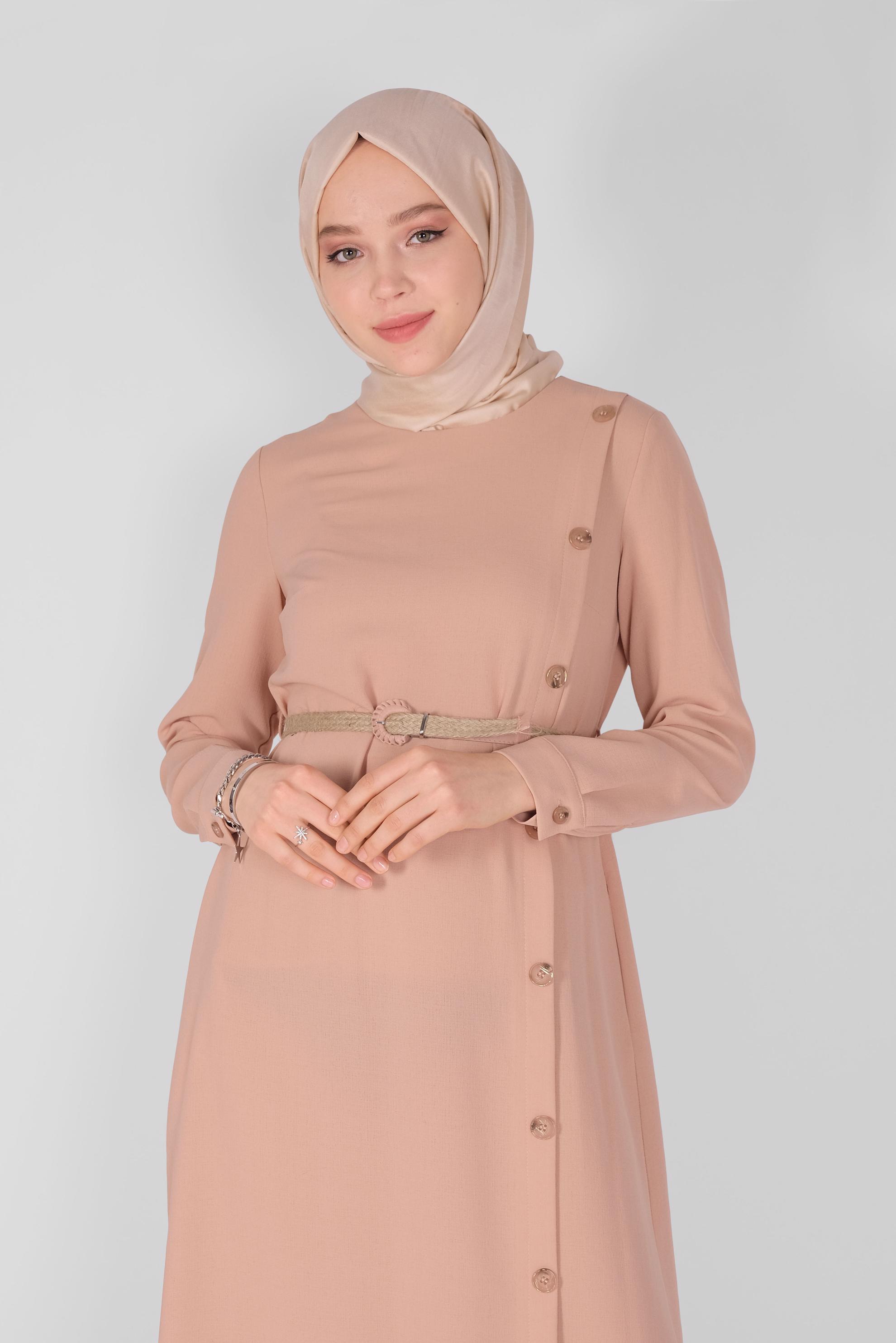 Tesettür giyim PUDRA YANDAN DÜĞMELİ ELBİSE 41453 
