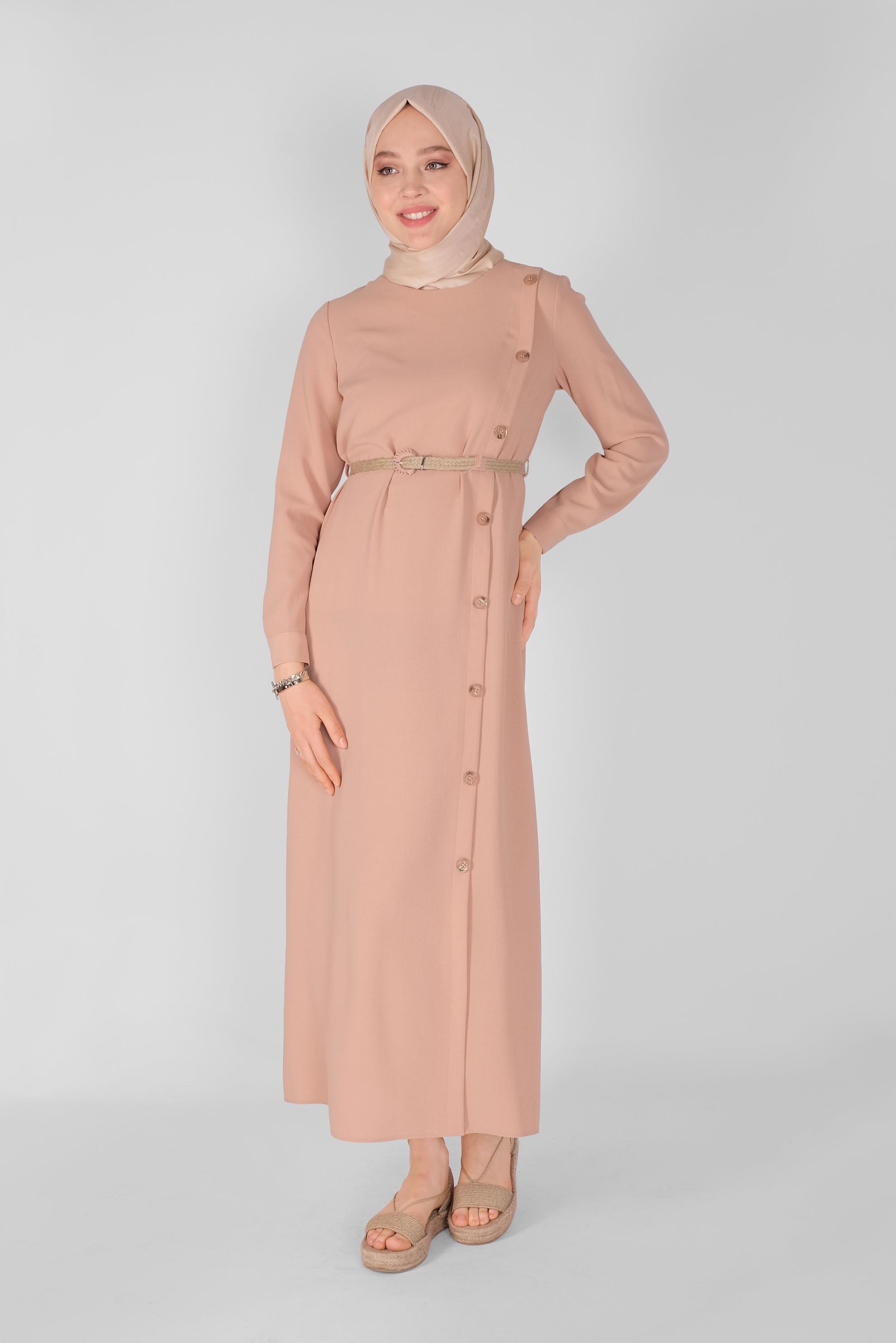 Tesettür giyim PUDRA YANDAN DÜĞMELİ ELBİSE 41453 