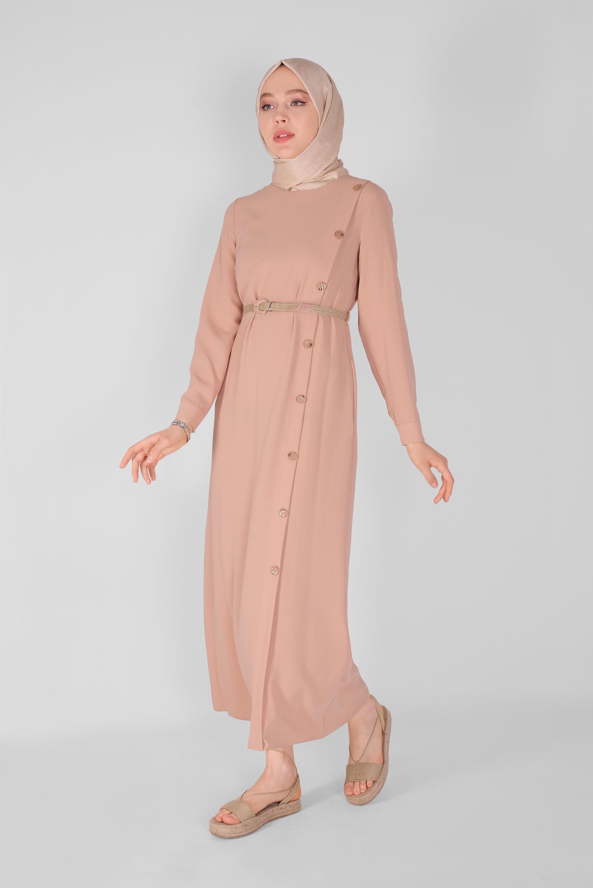 Tesettür giyim PUDRA YANDAN DÜĞMELİ ELBİSE 41453 