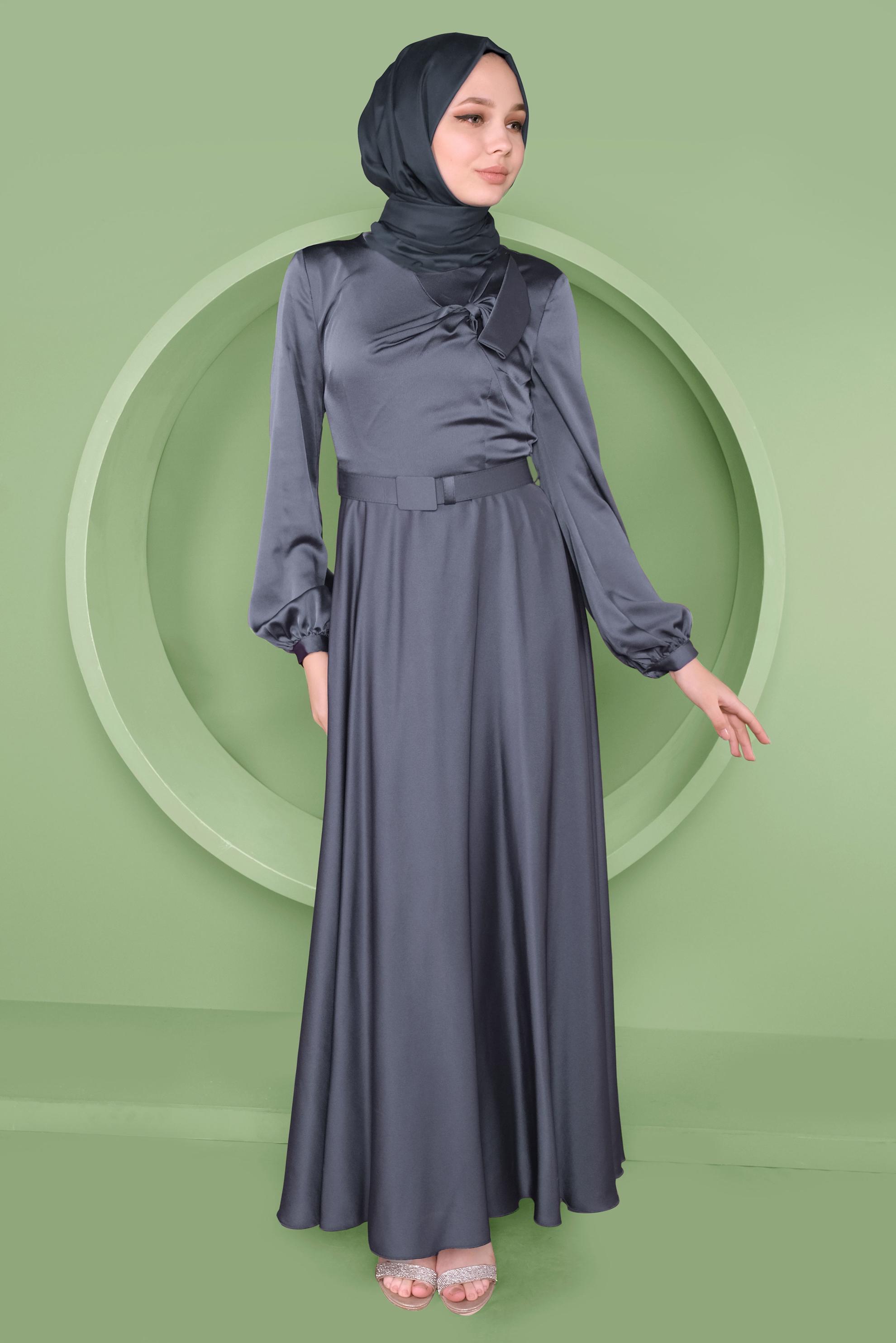 Tesettür giyim GRİ FİYONK DETAYLI SATEN ELBİSE 41454