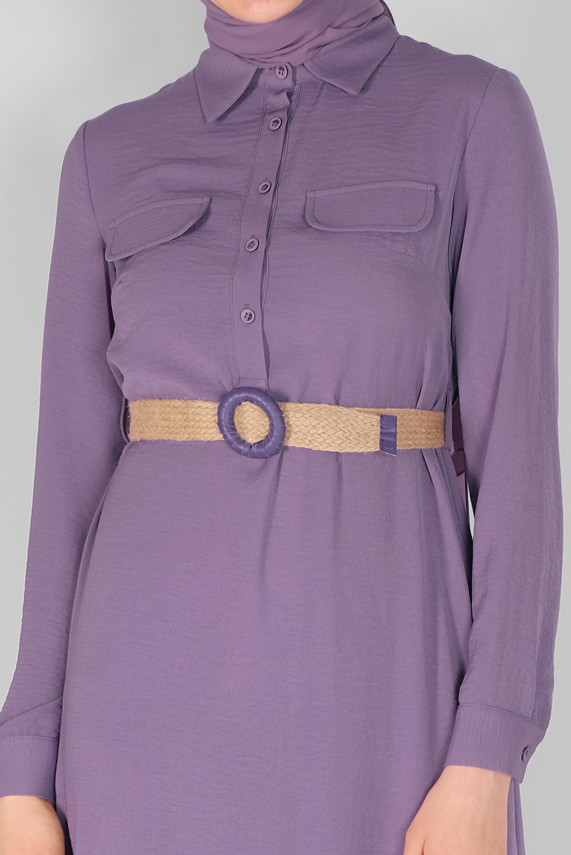 Tesettür giyim MOR DÜĞME DETAYLI HASIR KEMERLİ ELBİSE 41474 