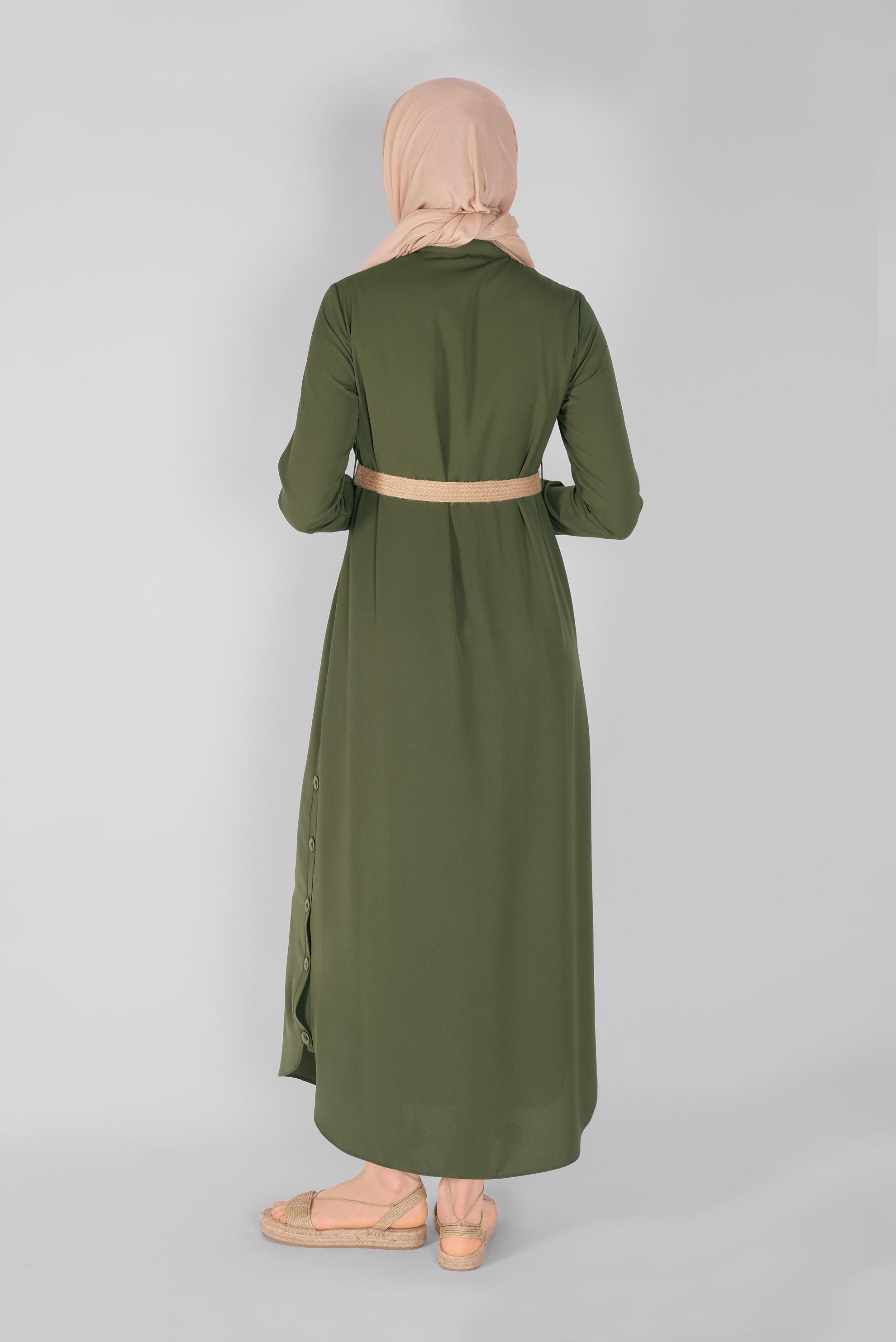 Tesettür giyim HAKİ DÜĞME DETAYLI HASIR KEMERLİ ELBİSE 41474 