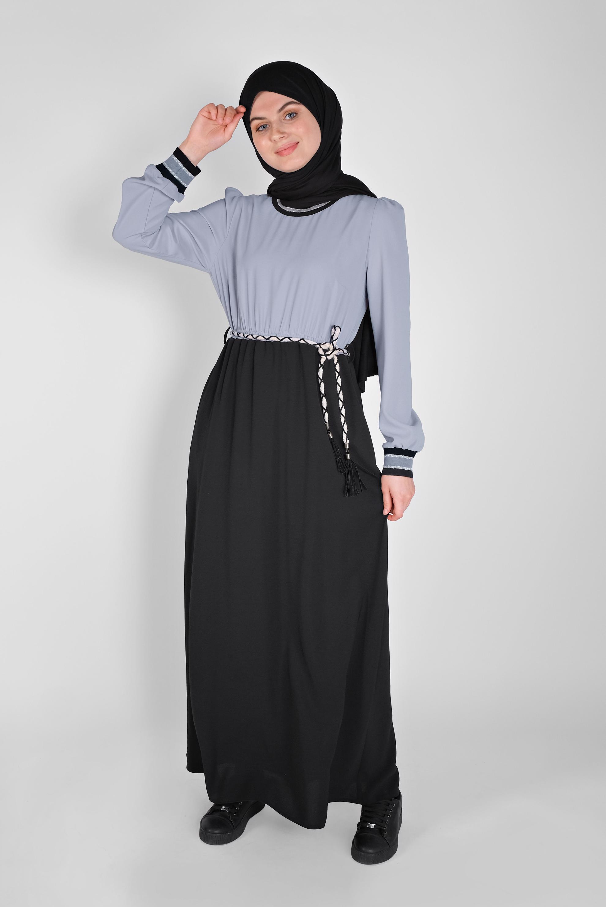 Tesettür giyim SİYAH BELİ BAĞCIKLI LASTİKLİ ELBİSE 41475 