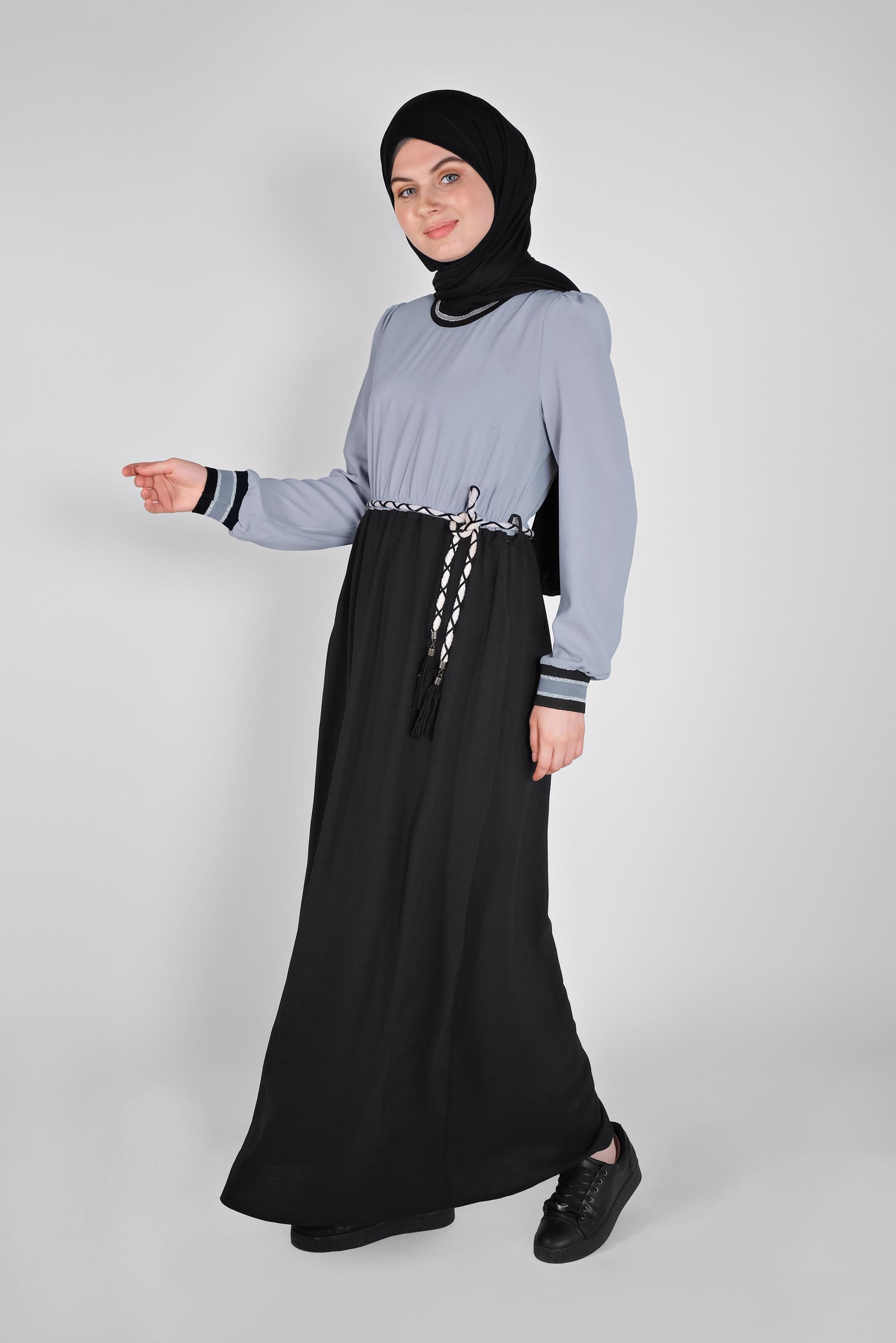 Tesettür giyim SİYAH BELİ BAĞCIKLI LASTİKLİ ELBİSE 41475 