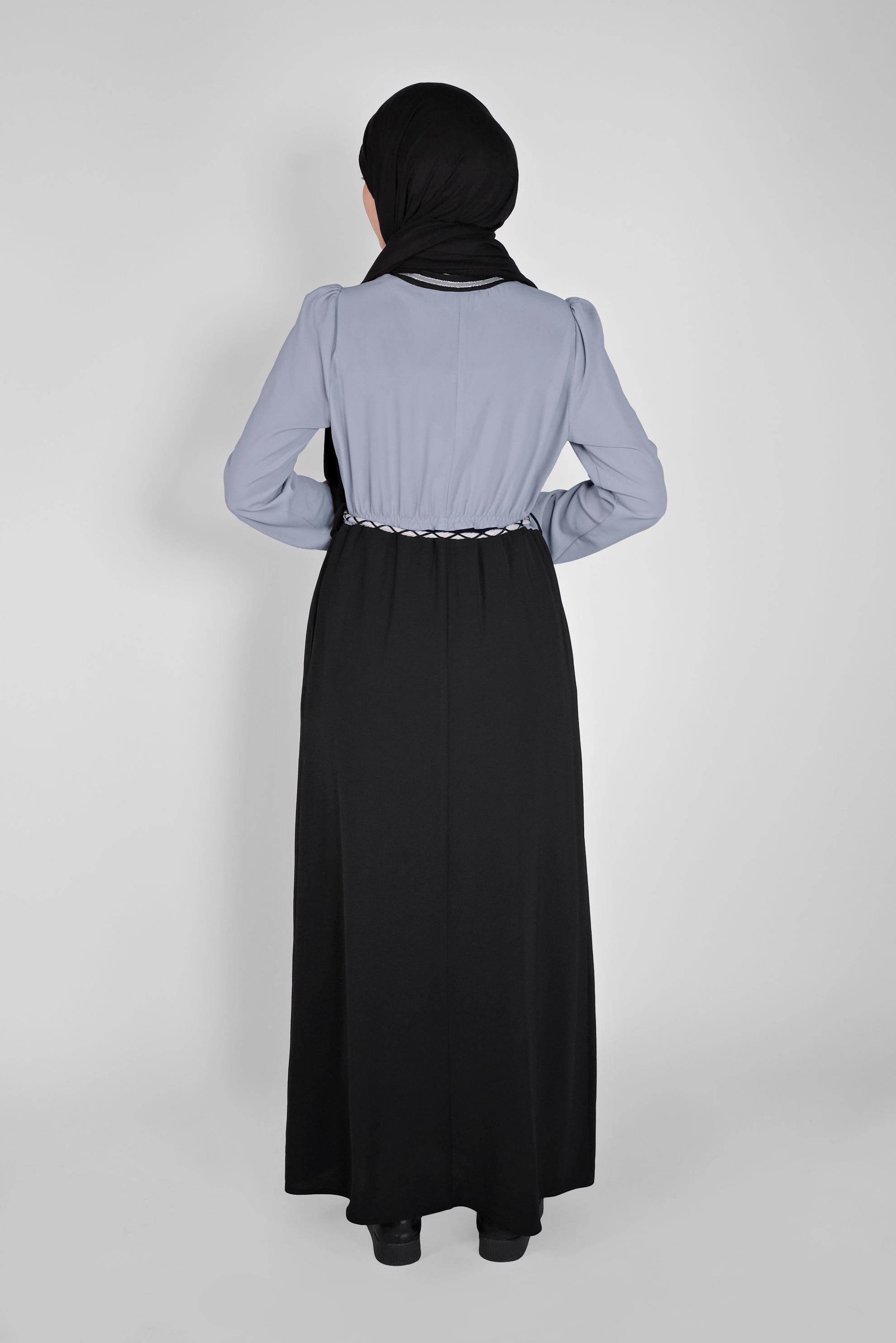 Tesettür giyim SİYAH BELİ BAĞCIKLI LASTİKLİ ELBİSE 41475 