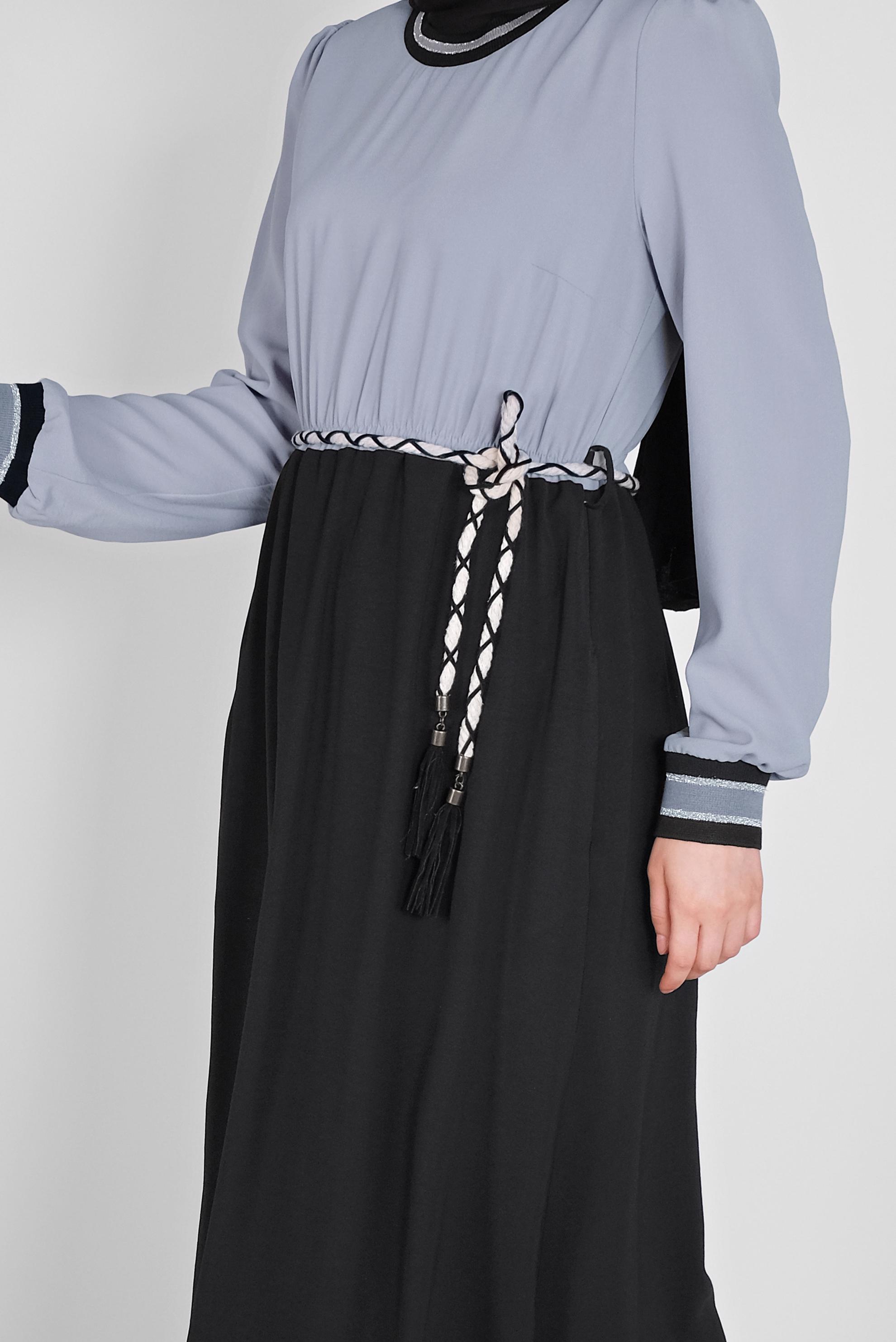 Tesettür giyim SİYAH BELİ BAĞCIKLI LASTİKLİ ELBİSE 41475 