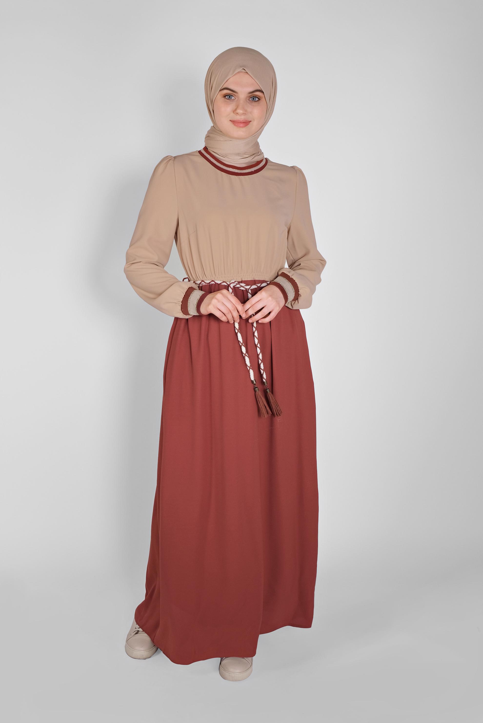 Tesettür giyim BORDO BELİ BAĞCIKLI LASTİKLİ ELBİSE 41475 