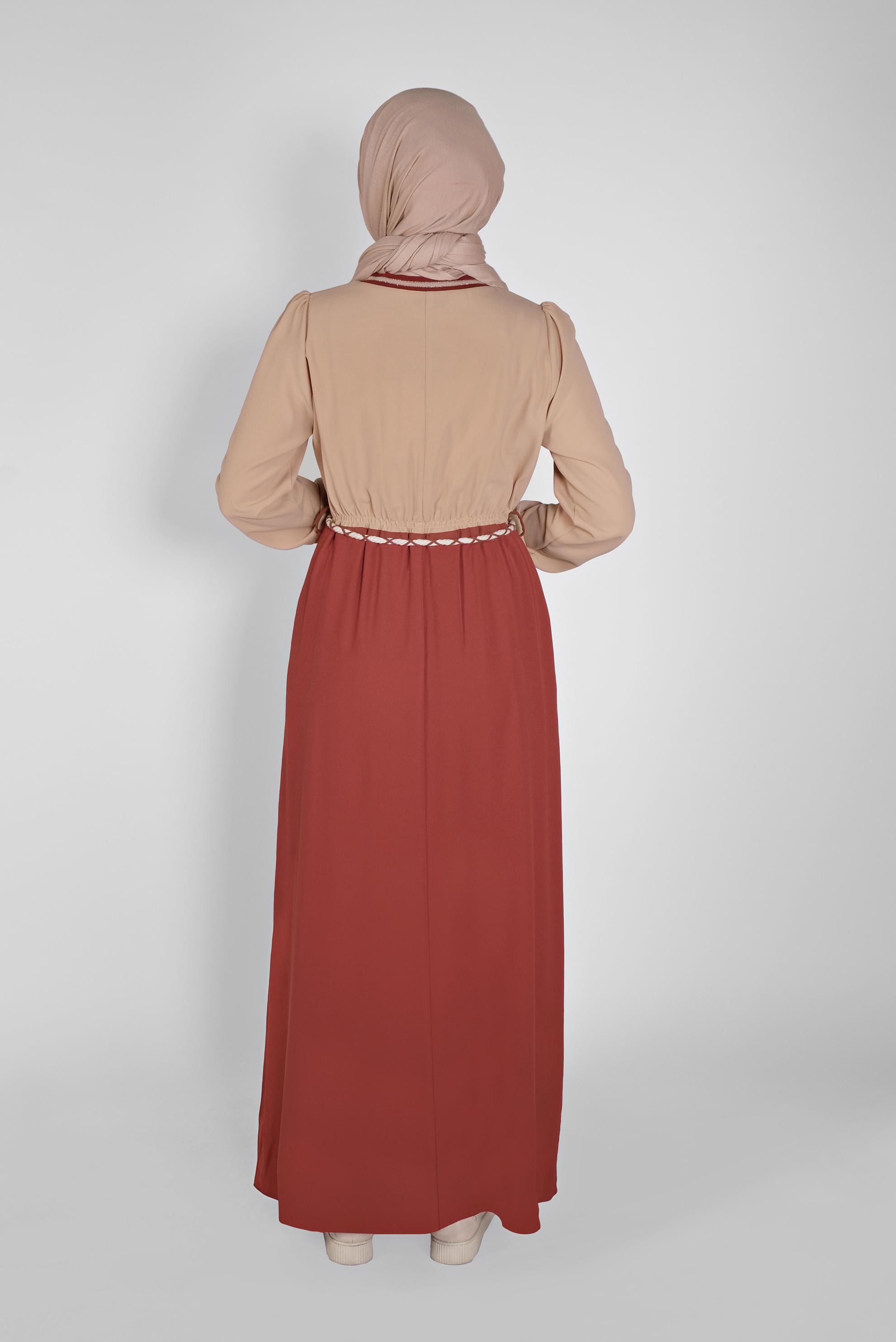 Tesettür giyim BORDO BELİ BAĞCIKLI LASTİKLİ ELBİSE 41475 