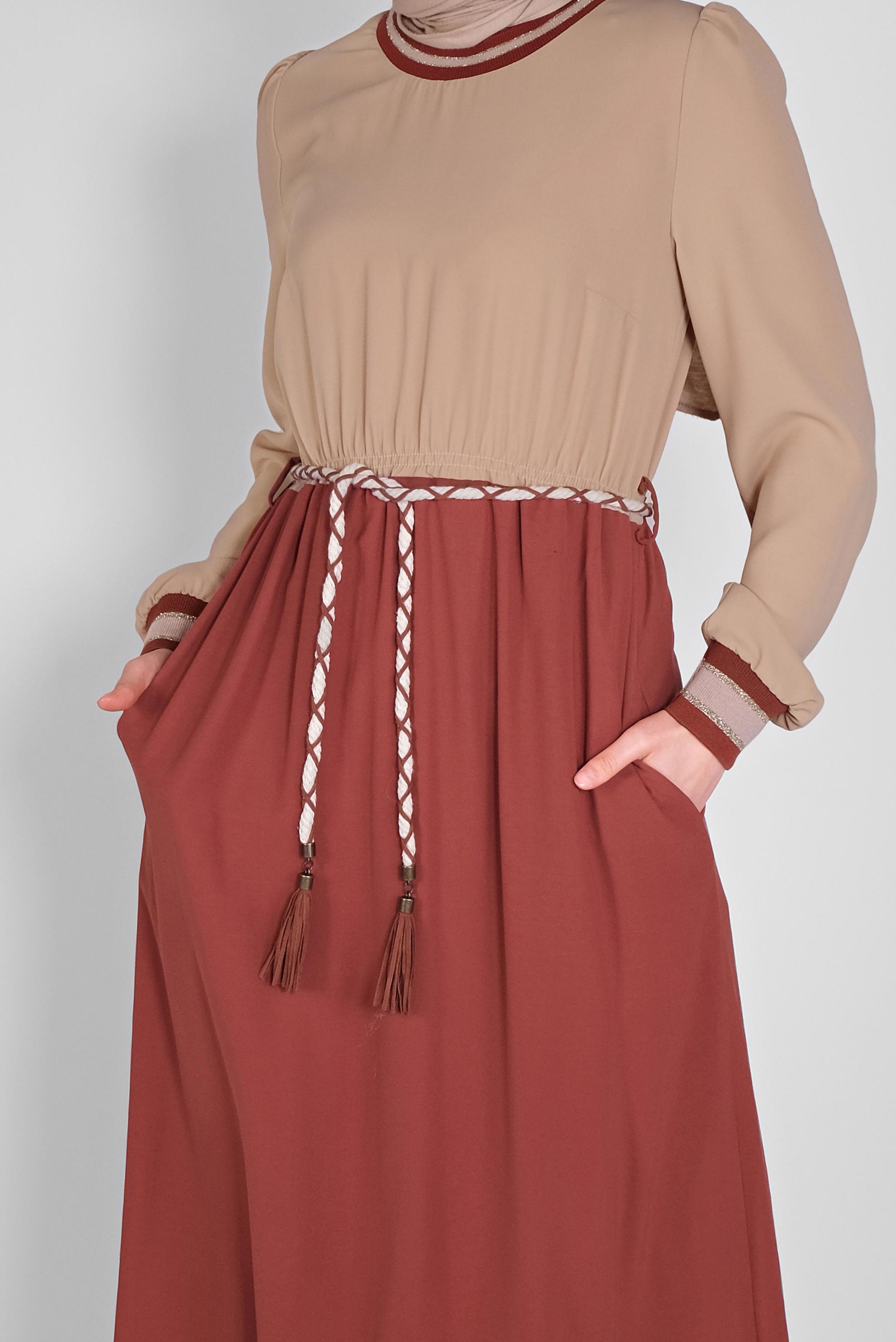 Tesettür giyim BORDO BELİ BAĞCIKLI LASTİKLİ ELBİSE 41475 