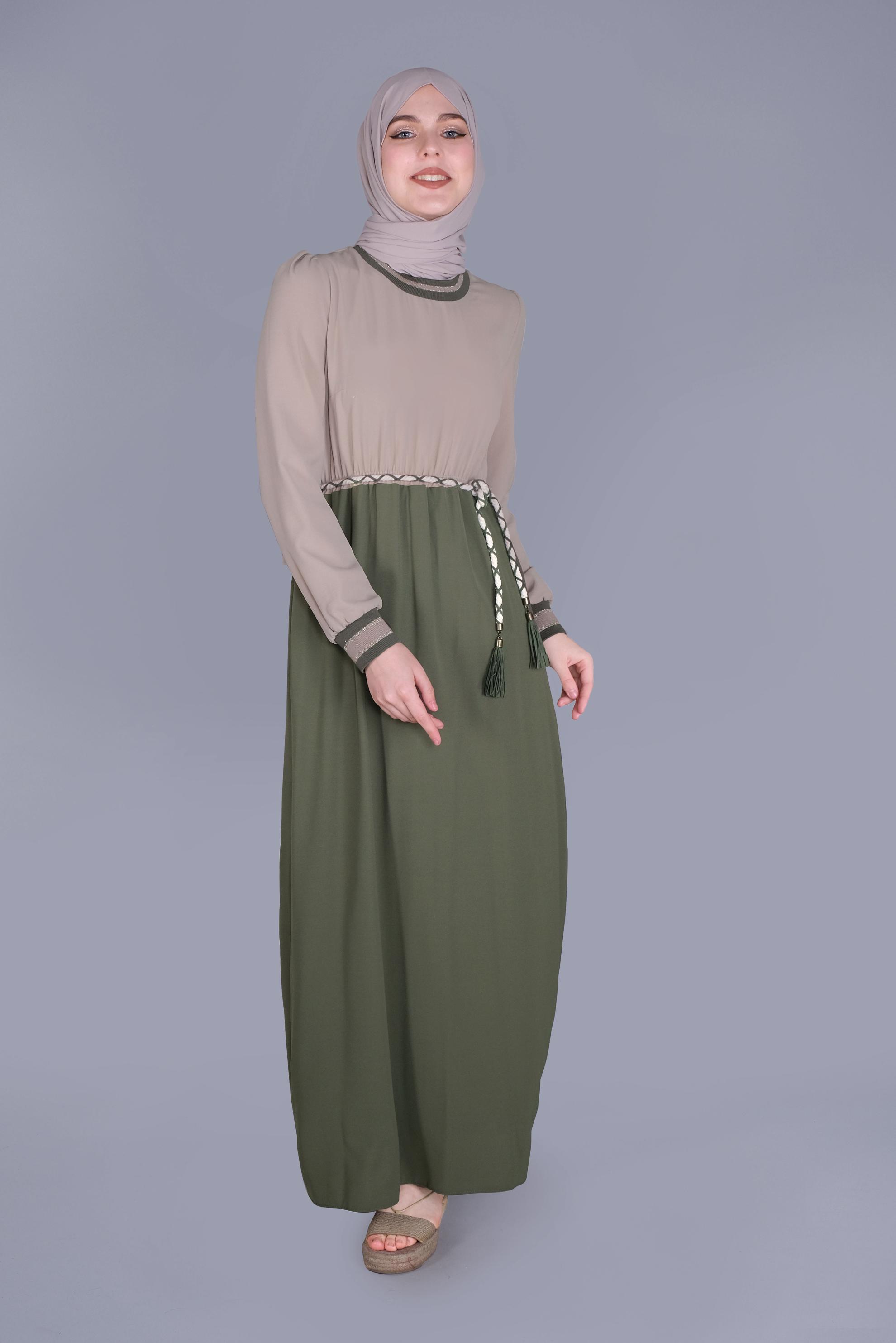 Tesettür giyim HAKİ BELİ BAĞCIKLI LASTİKLİ ELBİSE 41475 