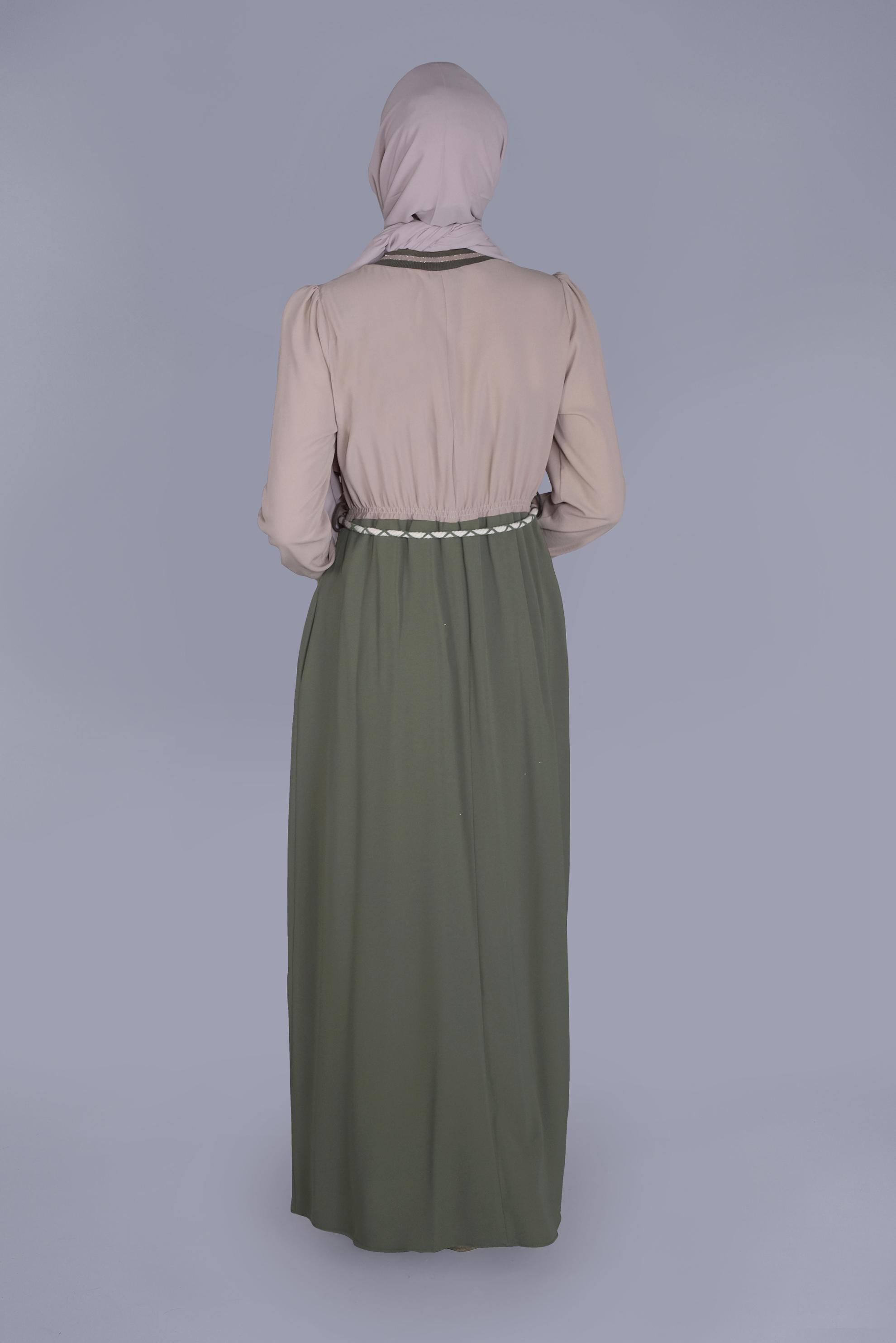 Tesettür giyim HAKİ BELİ BAĞCIKLI LASTİKLİ ELBİSE 41475 