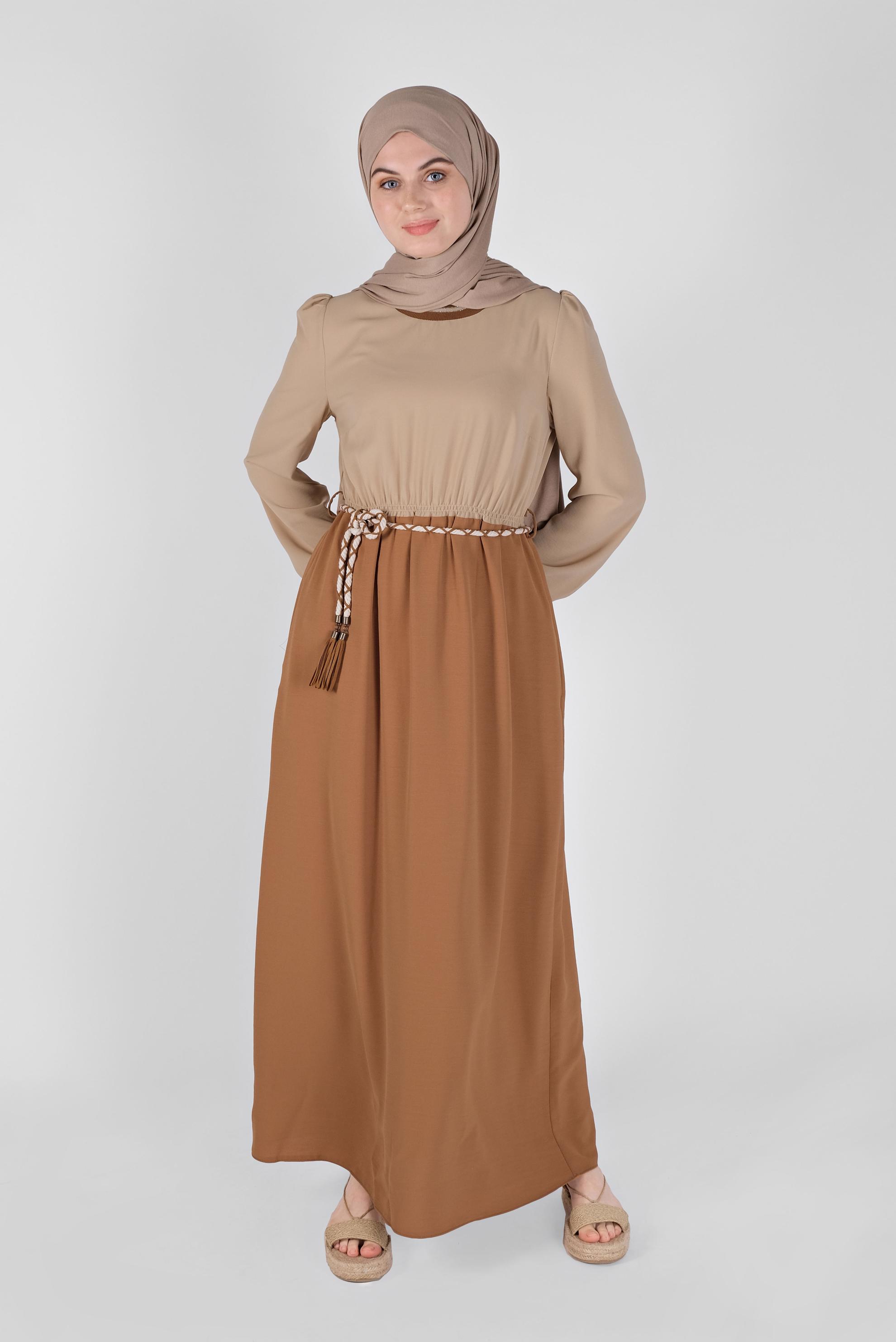 Tesettür giyim TABA BELİ BAĞCIKLI LASTİKLİ ELBİSE 41475 