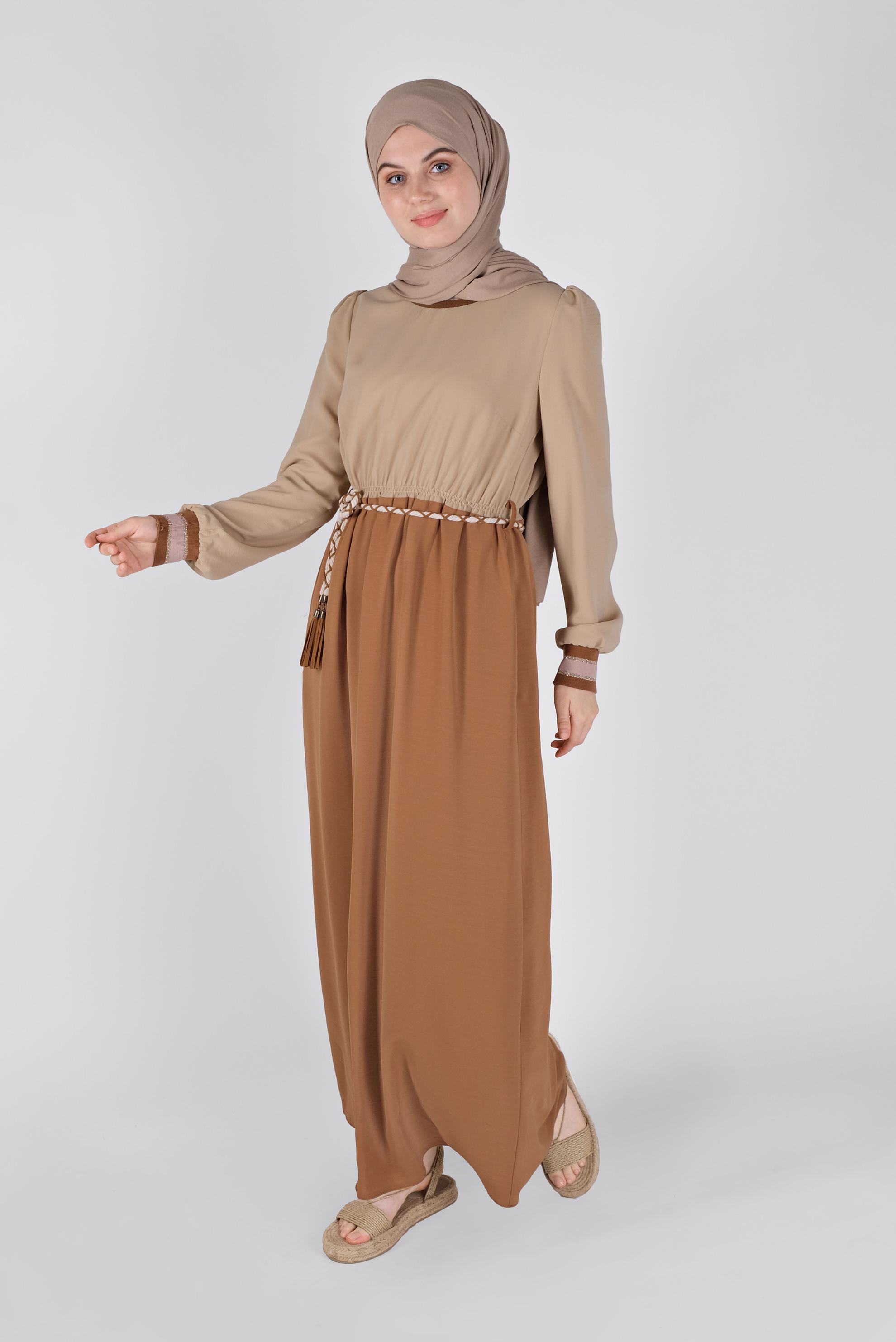 Tesettür giyim TABA BELİ BAĞCIKLI LASTİKLİ ELBİSE 41475 