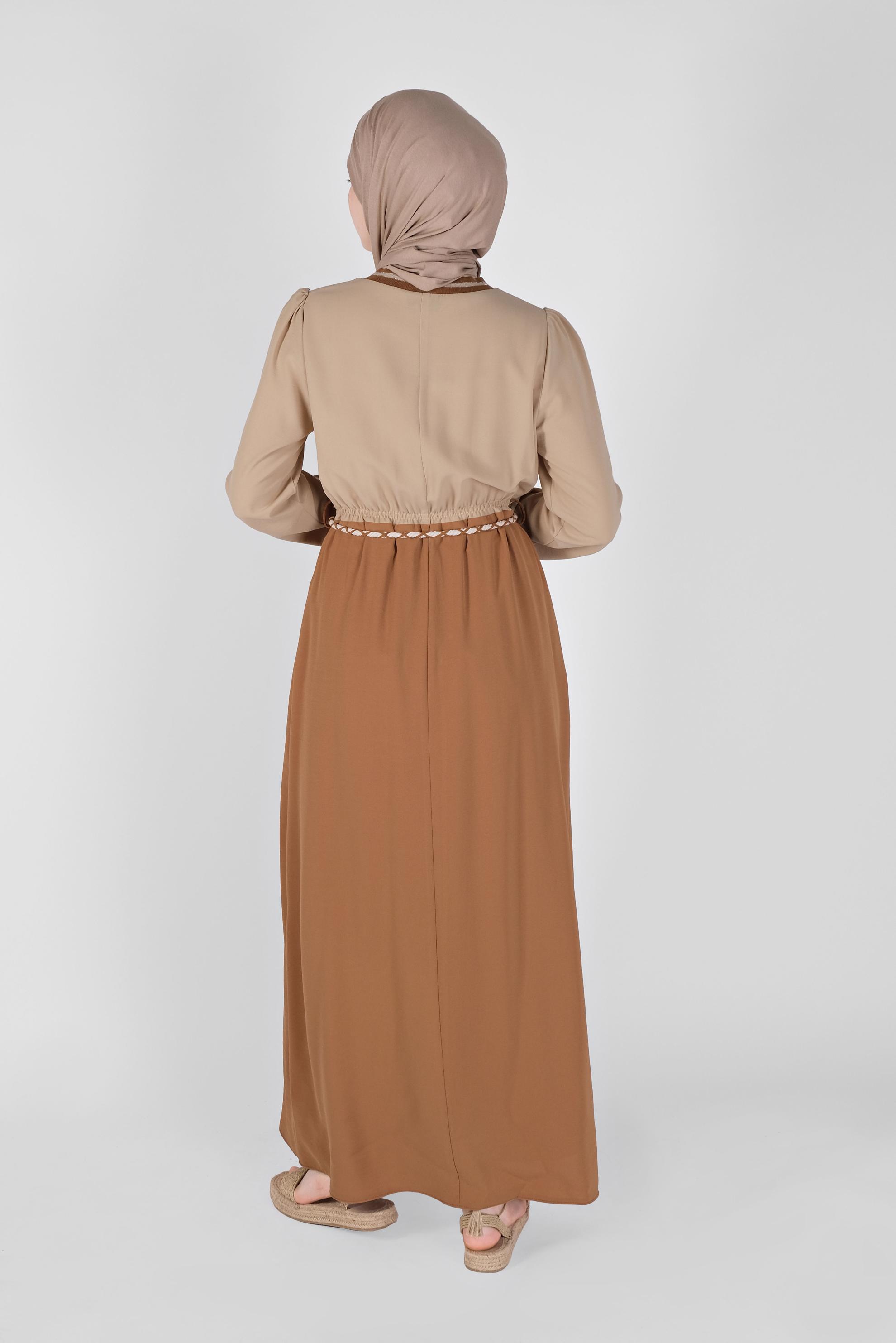 Tesettür giyim TABA BELİ BAĞCIKLI LASTİKLİ ELBİSE 41475 
