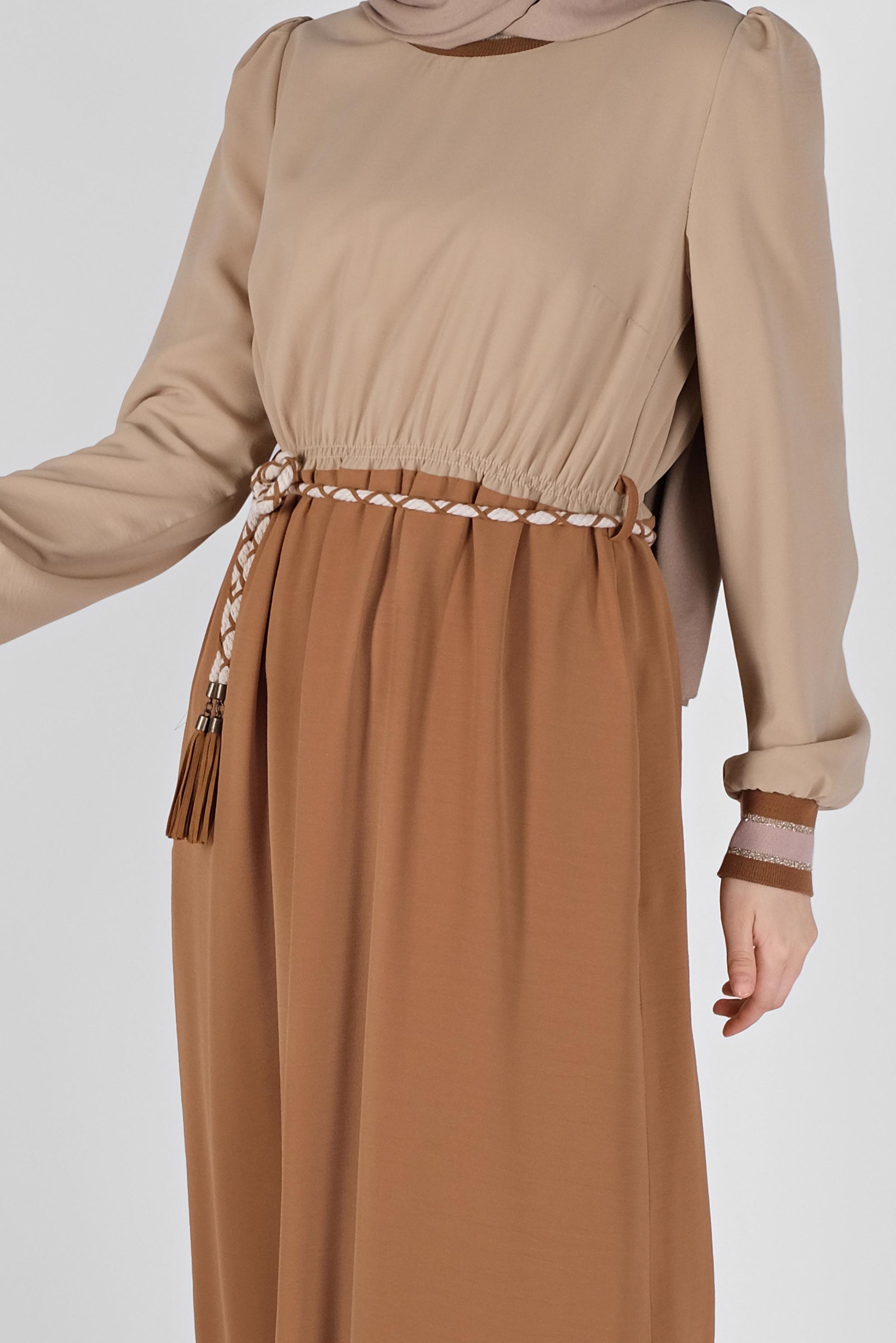 Tesettür giyim TABA BELİ BAĞCIKLI LASTİKLİ ELBİSE 41475 