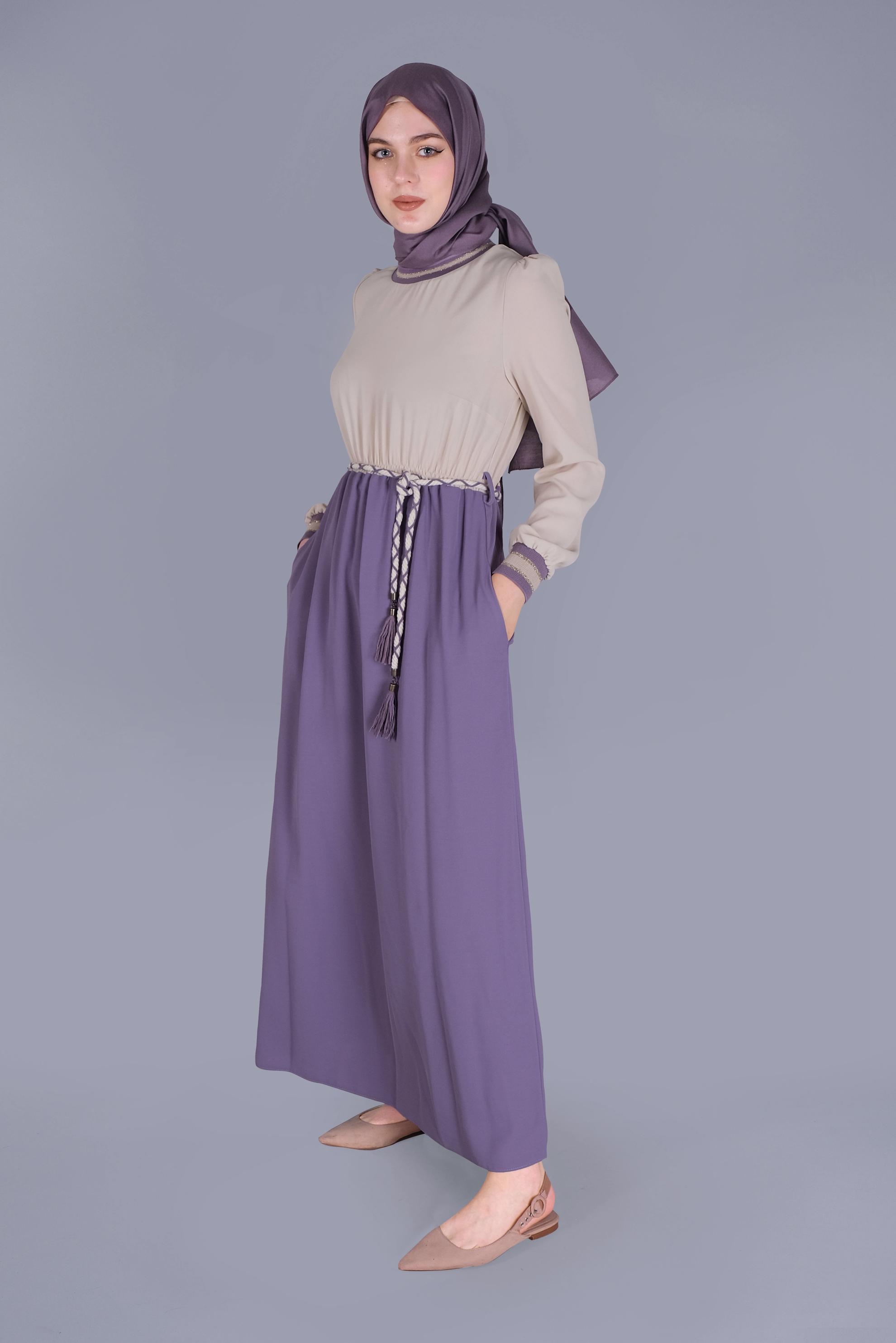 Tesettür giyim MOR BELİ BAĞCIKLI LASTİKLİ ELBİSE 41475 