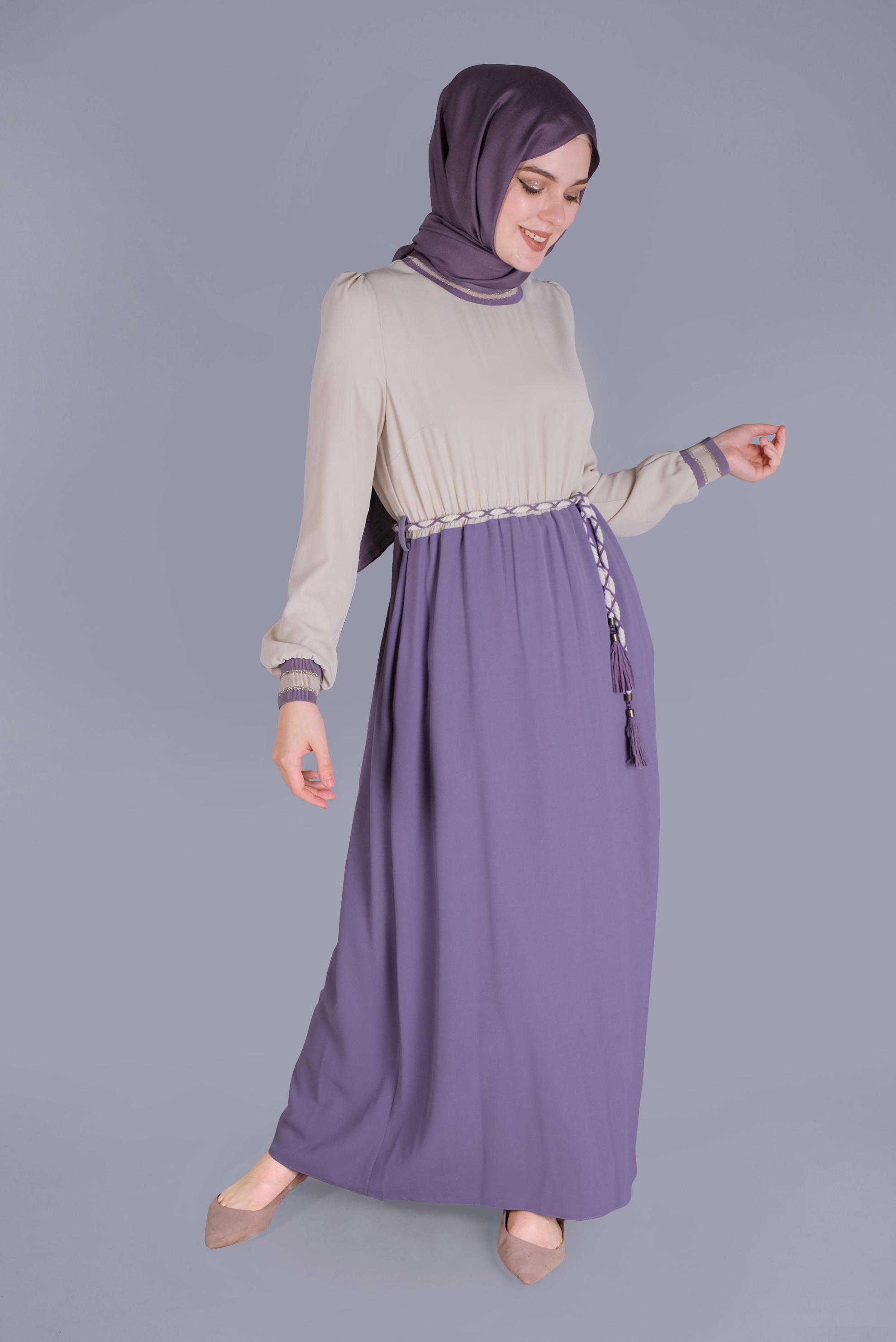Tesettür giyim MOR BELİ BAĞCIKLI LASTİKLİ ELBİSE 41475 