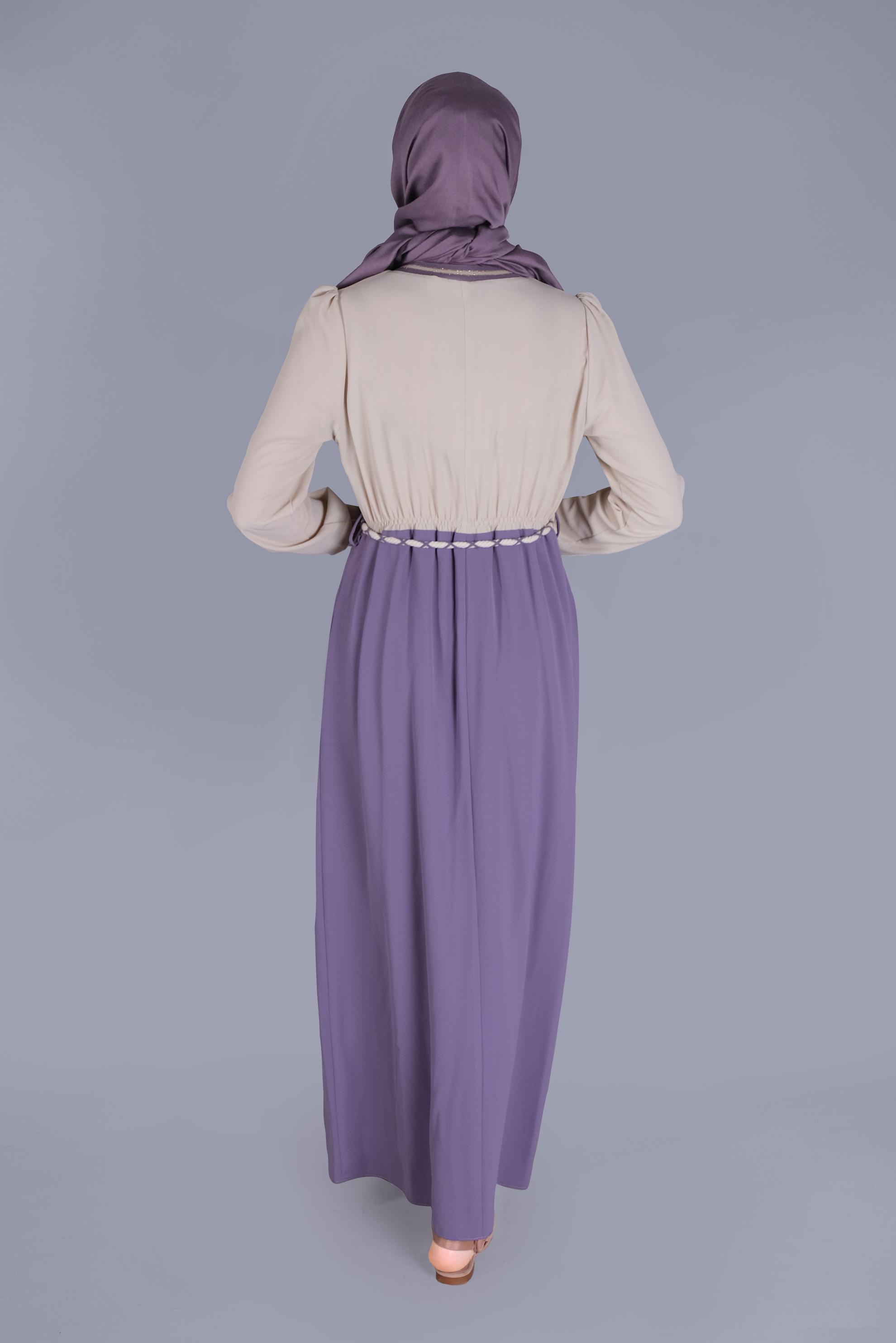 Tesettür giyim MOR BELİ BAĞCIKLI LASTİKLİ ELBİSE 41475 