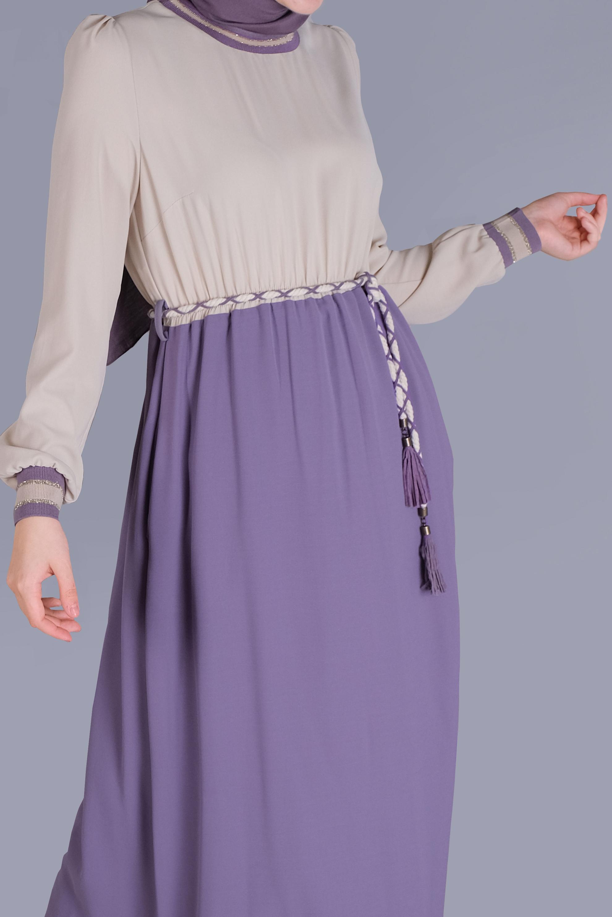 Tesettür giyim MOR BELİ BAĞCIKLI LASTİKLİ ELBİSE 41475 
