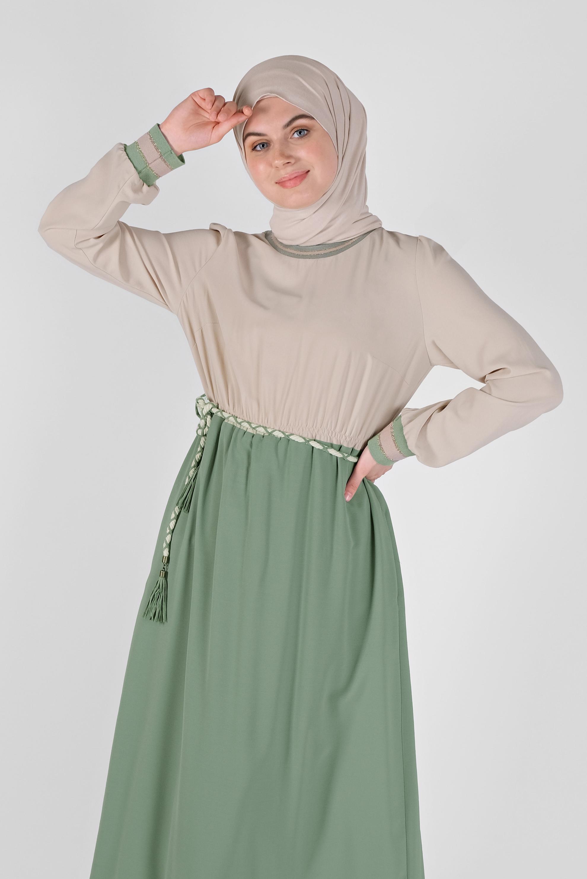 Tesettür giyim YEŞİL BELİ BAĞCIKLI LASTİKLİ ELBİSE 41475 