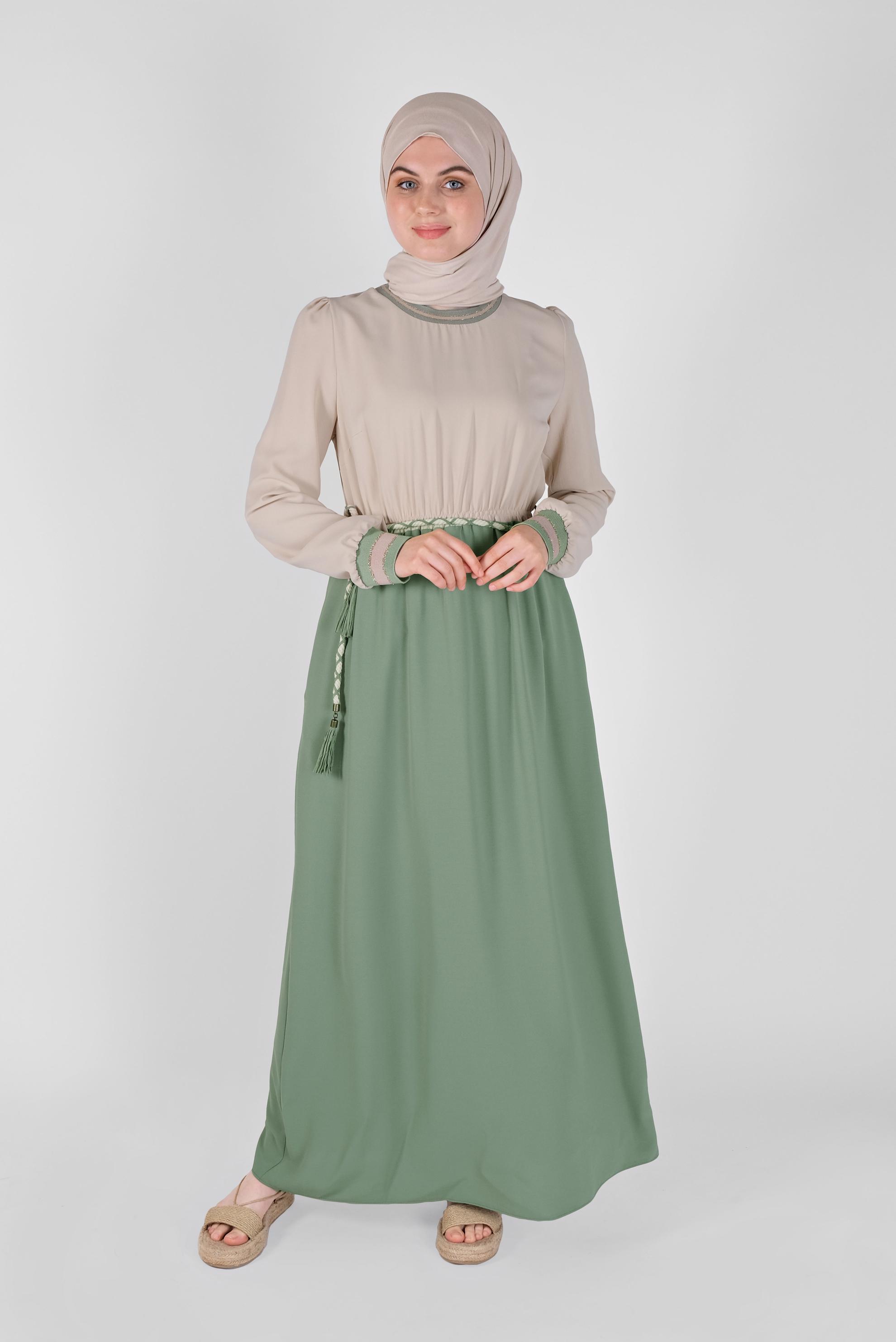 Tesettür giyim YEŞİL BELİ BAĞCIKLI LASTİKLİ ELBİSE 41475 