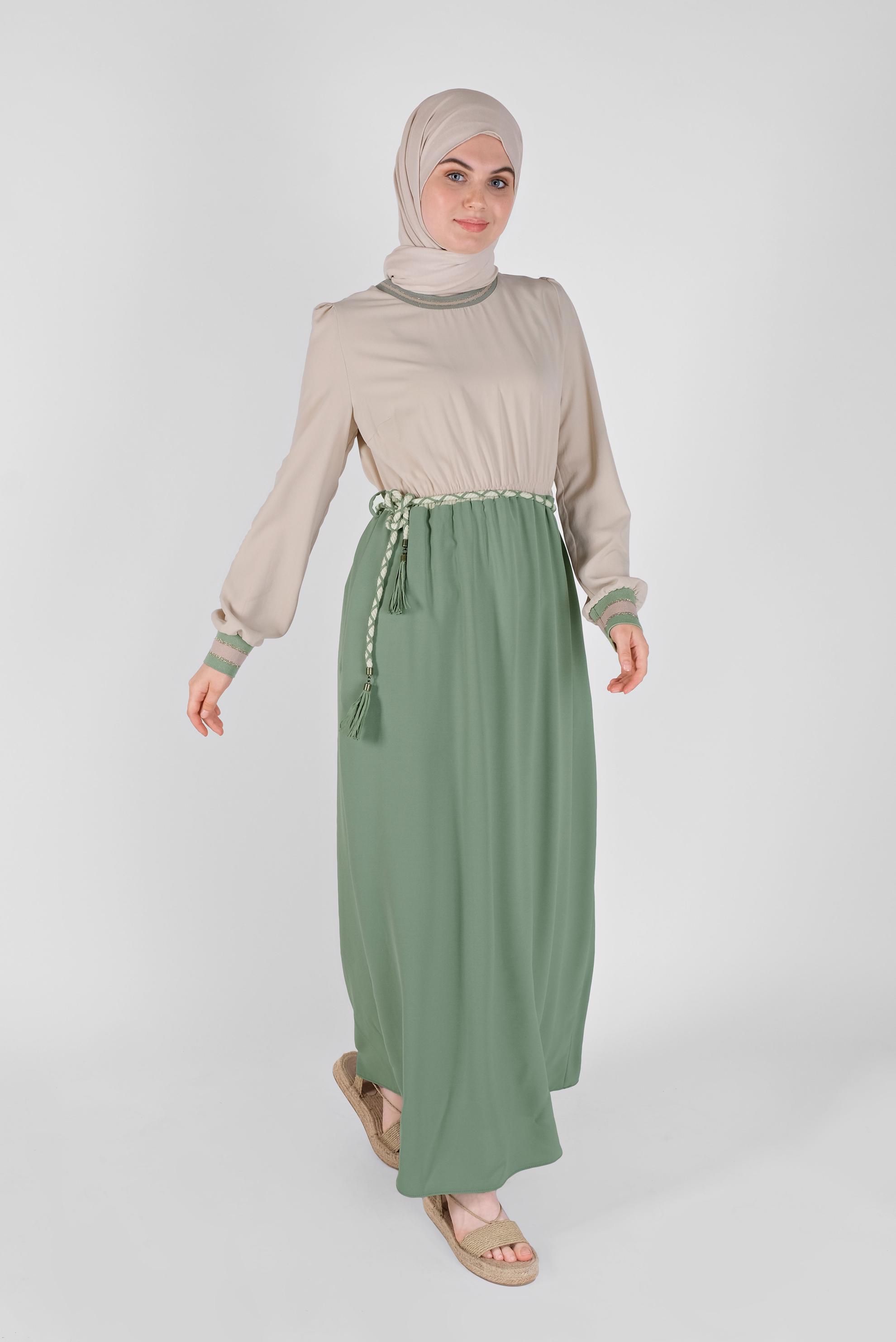 Tesettür giyim YEŞİL BELİ BAĞCIKLI LASTİKLİ ELBİSE 41475 