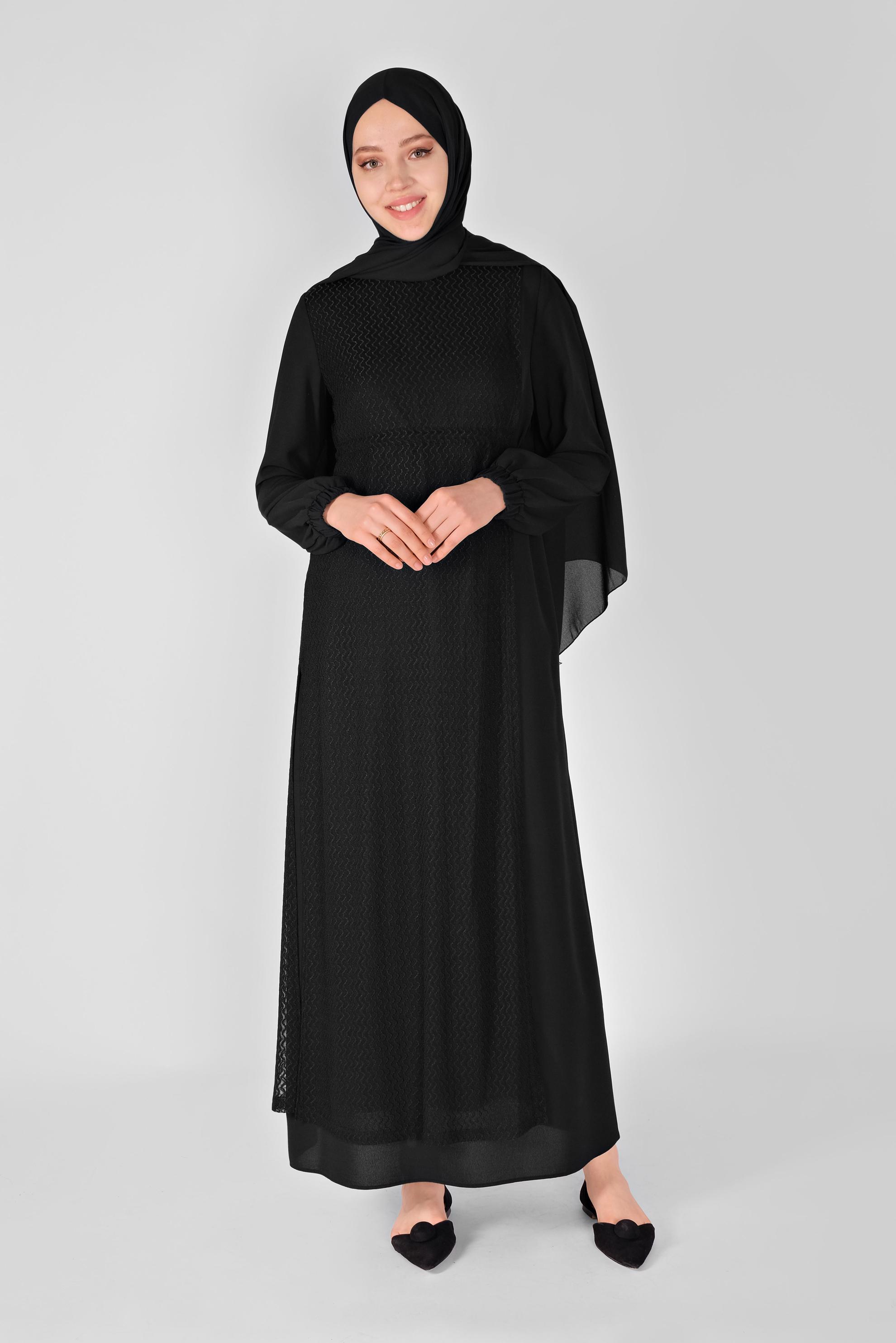 Tesettür giyim SİYAH DESENLİ TÜL DETAYLI BAĞCIKLI ELBİSE 41500