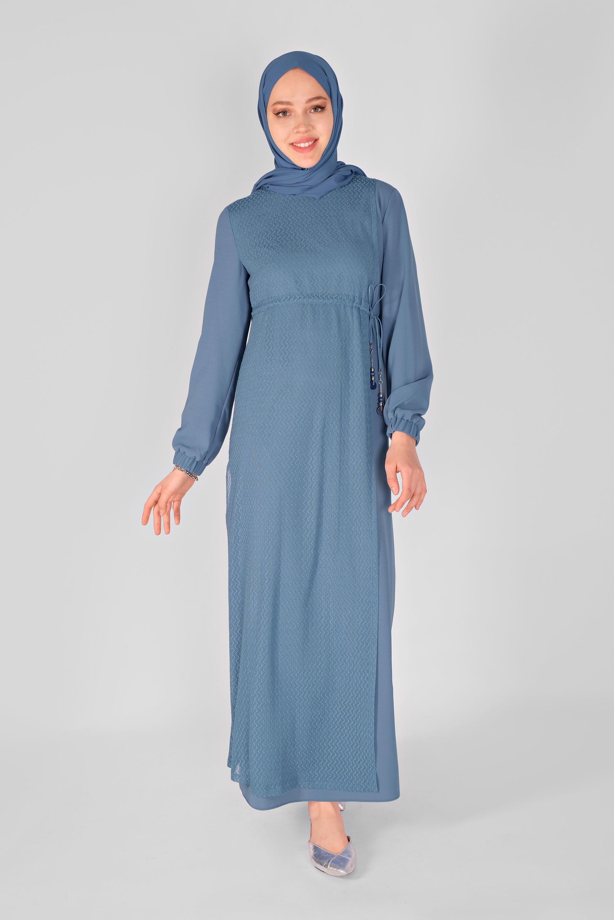 Tesettür giyim MAVİ DESENLİ TÜL DETAYLI BAĞCIKLI ELBİSE 41500