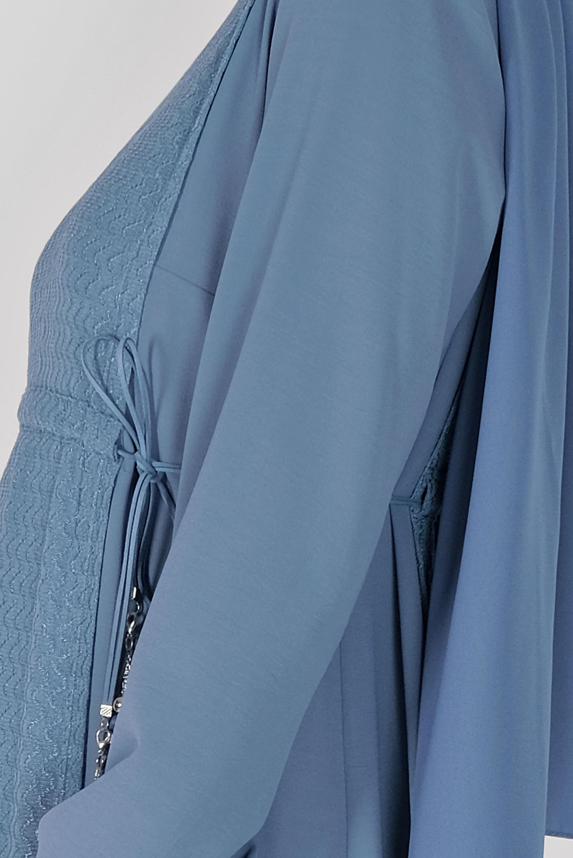 Tesettür giyim MAVİ DESENLİ TÜL DETAYLI BAĞCIKLI ELBİSE 41500